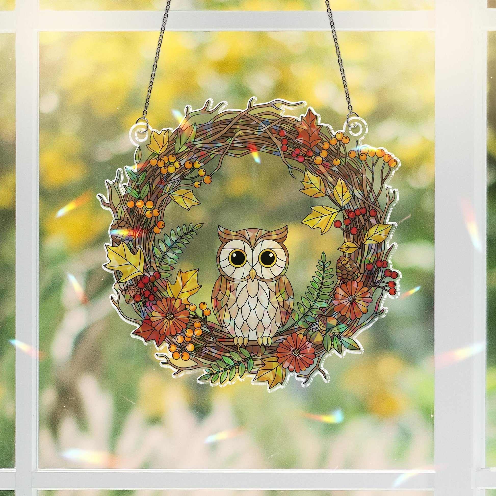 Owl Autumn Wreath Holographic Window Hanging – Fall Leaves & Berry Sun Catcher, Rustic Owl Seasonal Window Decor