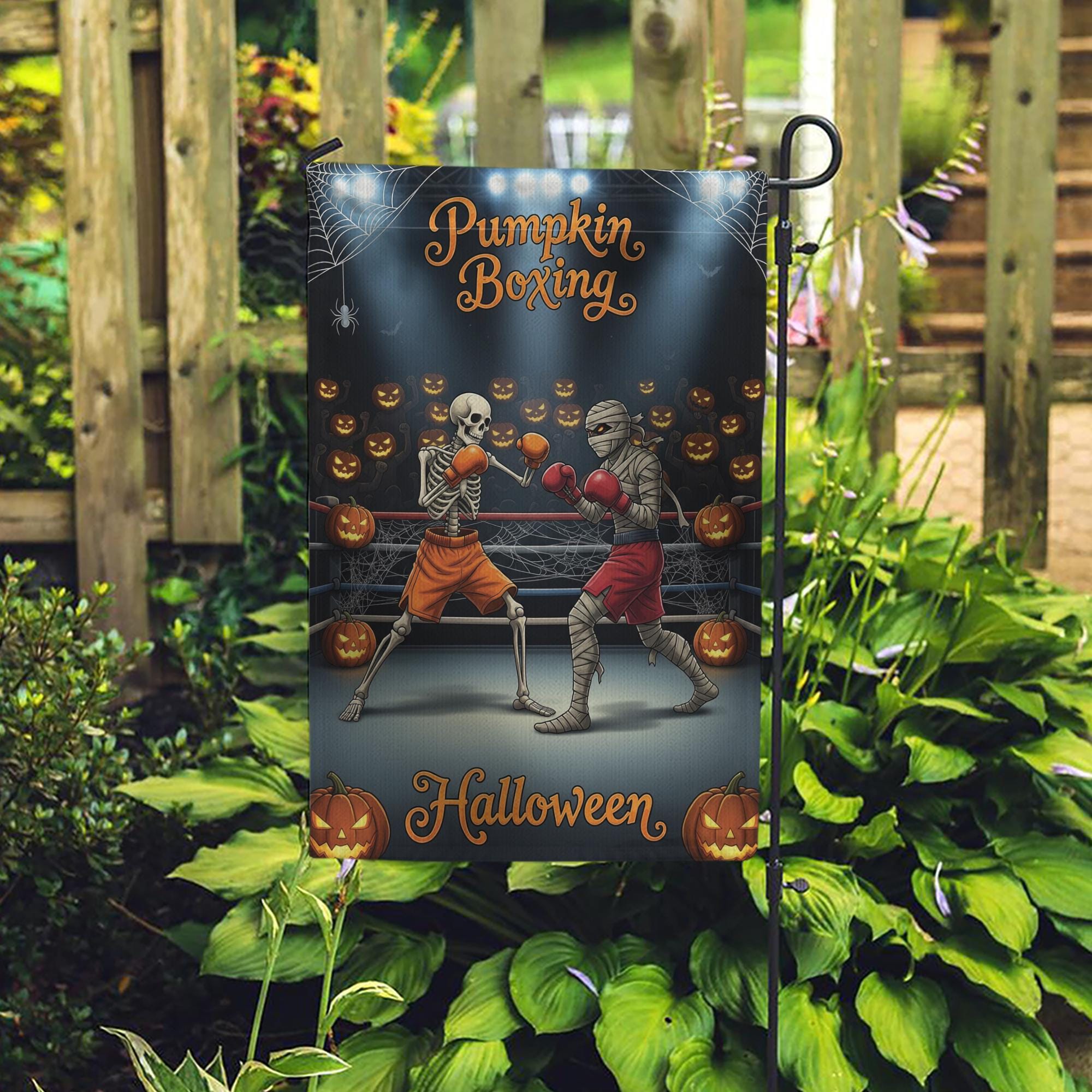 Funny Halloween Garden Flag, Skeleton vs Mummy Boxing Match, Spooky Outdoor Yard Decor, Humorous Porch Sign, Fall Lawn Decoration