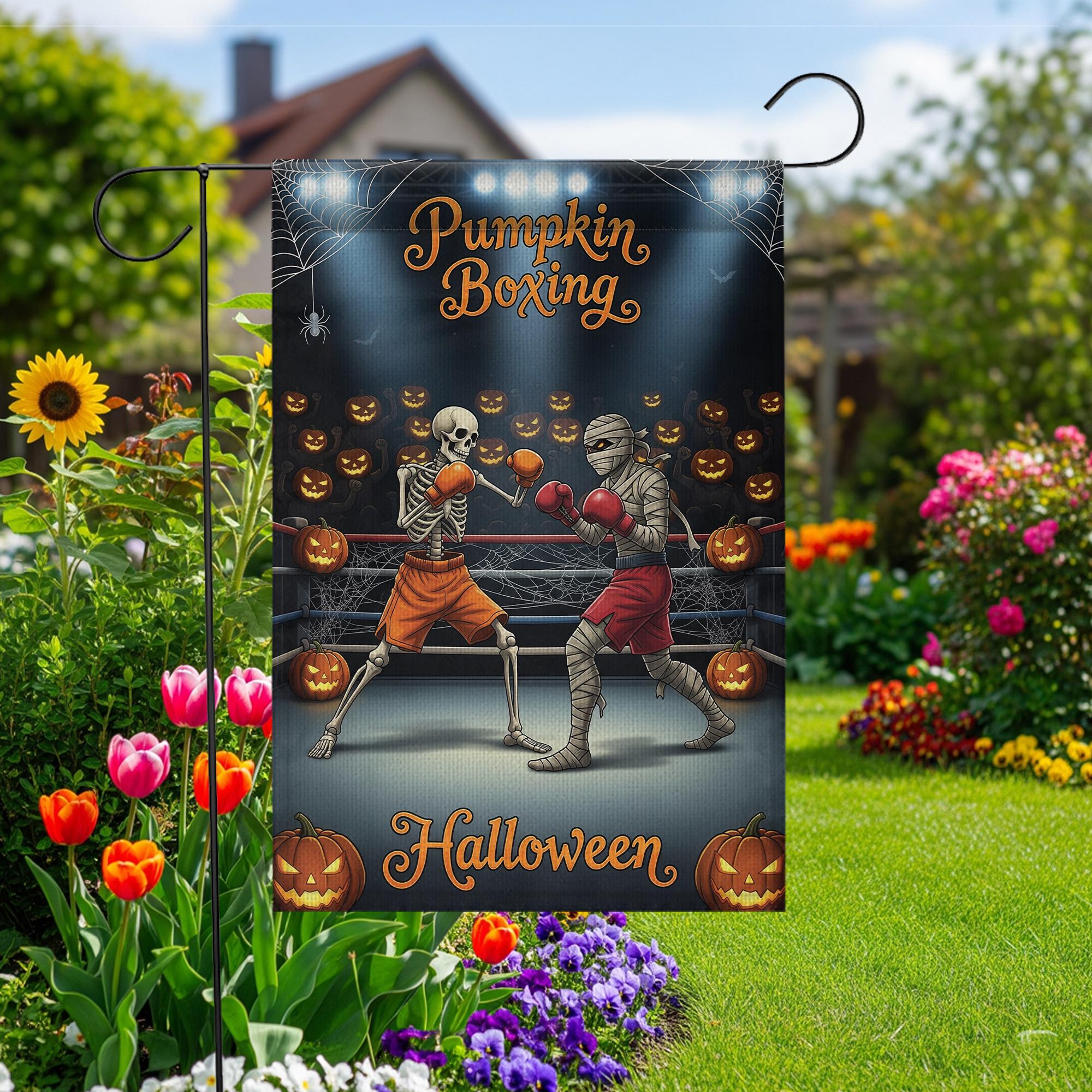Funny Halloween Garden Flag, Skeleton vs Mummy Boxing Match, Spooky Outdoor Yard Decor, Humorous Porch Sign, Fall Lawn Decoration