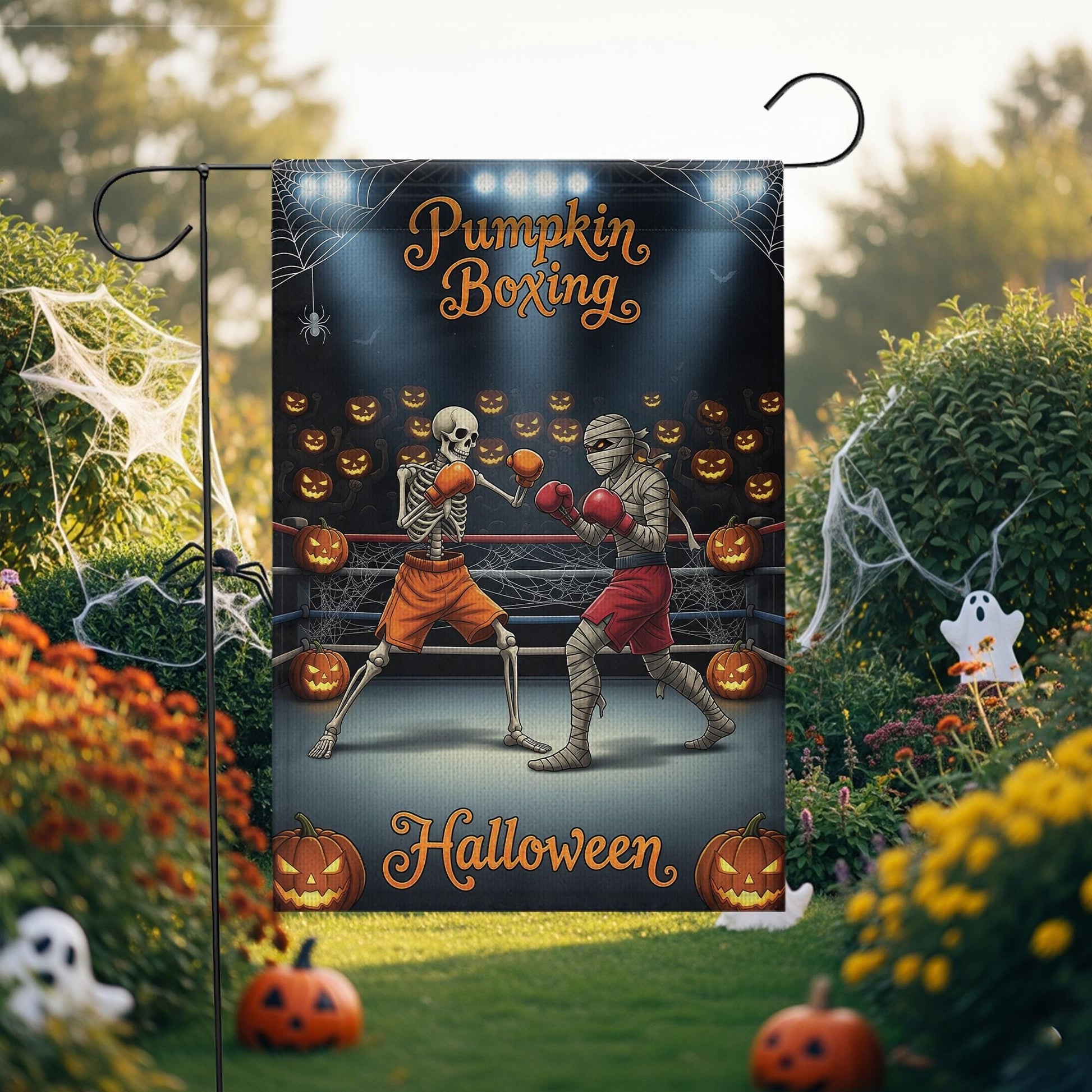 Funny Halloween Garden Flag, Skeleton vs Mummy Boxing Match, Spooky Outdoor Yard Decor, Humorous Porch Sign, Fall Lawn Decoration