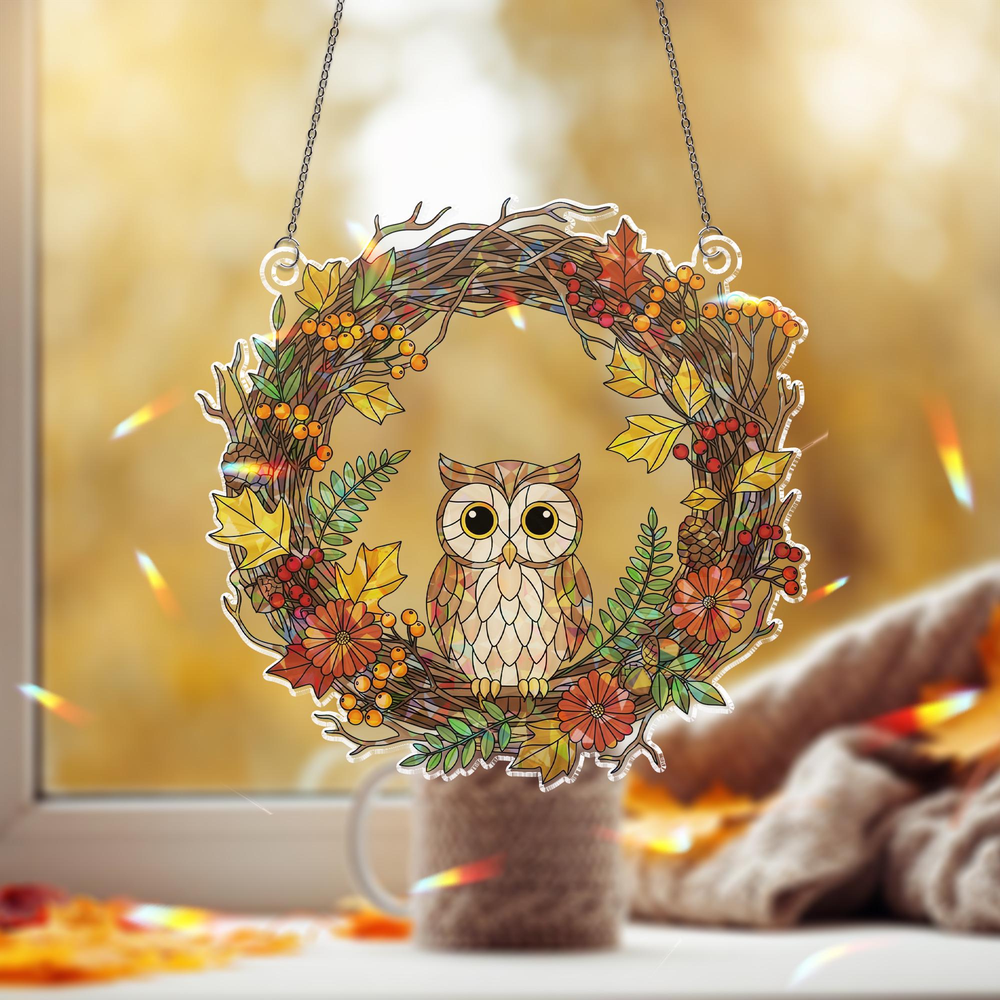 Owl Autumn Wreath Holographic Window Hanging – Fall Leaves & Berry Sun Catcher, Rustic Owl Seasonal Window Decor