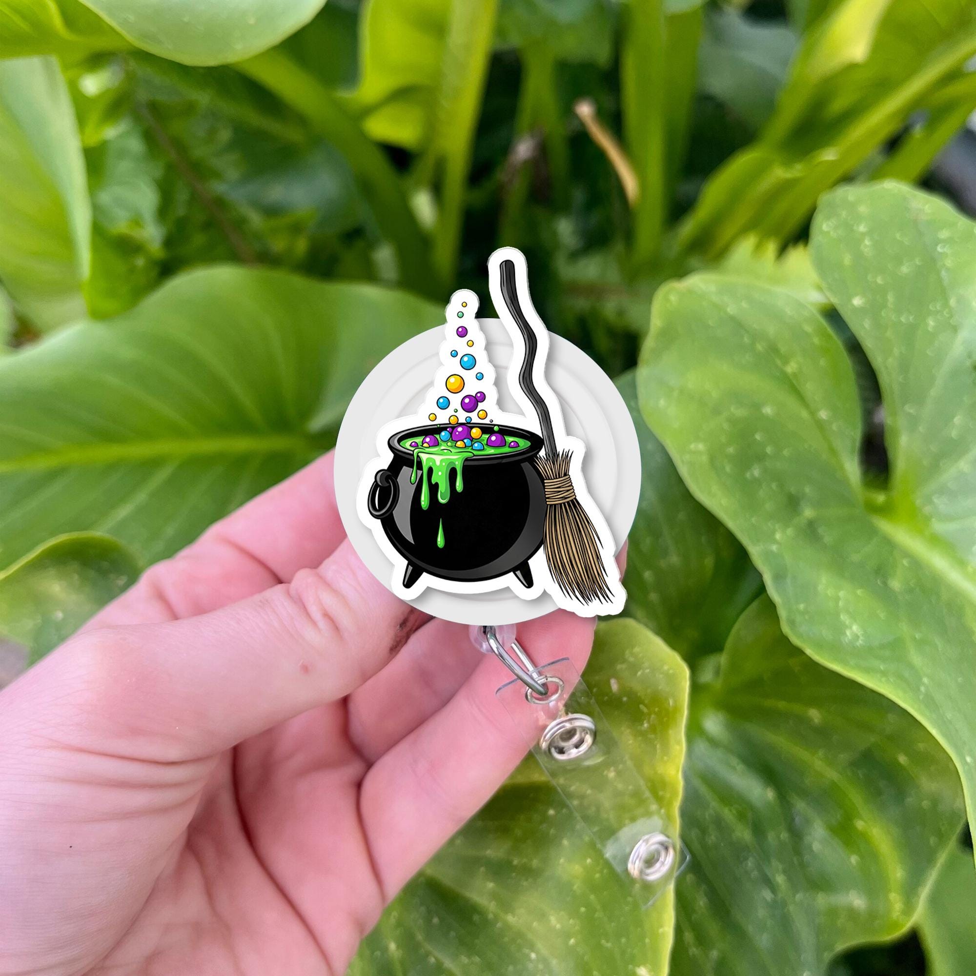 Witch Cauldron Badge Reel – Halloween Broom & Potion Retractable ID Holder, Spooky Nurse Teacher Name Tag Reel