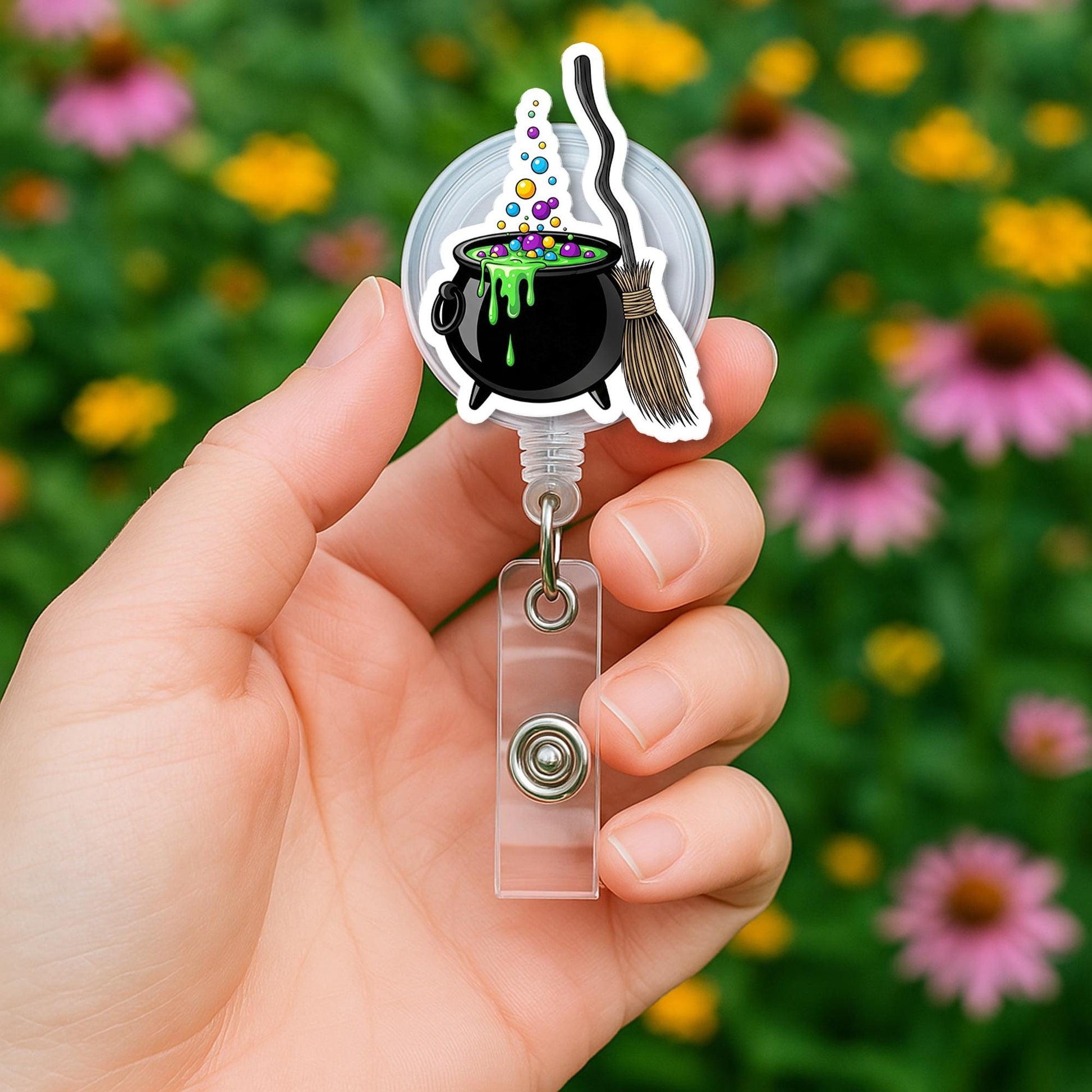 Witch Cauldron Badge Reel – Halloween Broom & Potion Retractable ID Holder, Spooky Nurse Teacher Name Tag Reel
