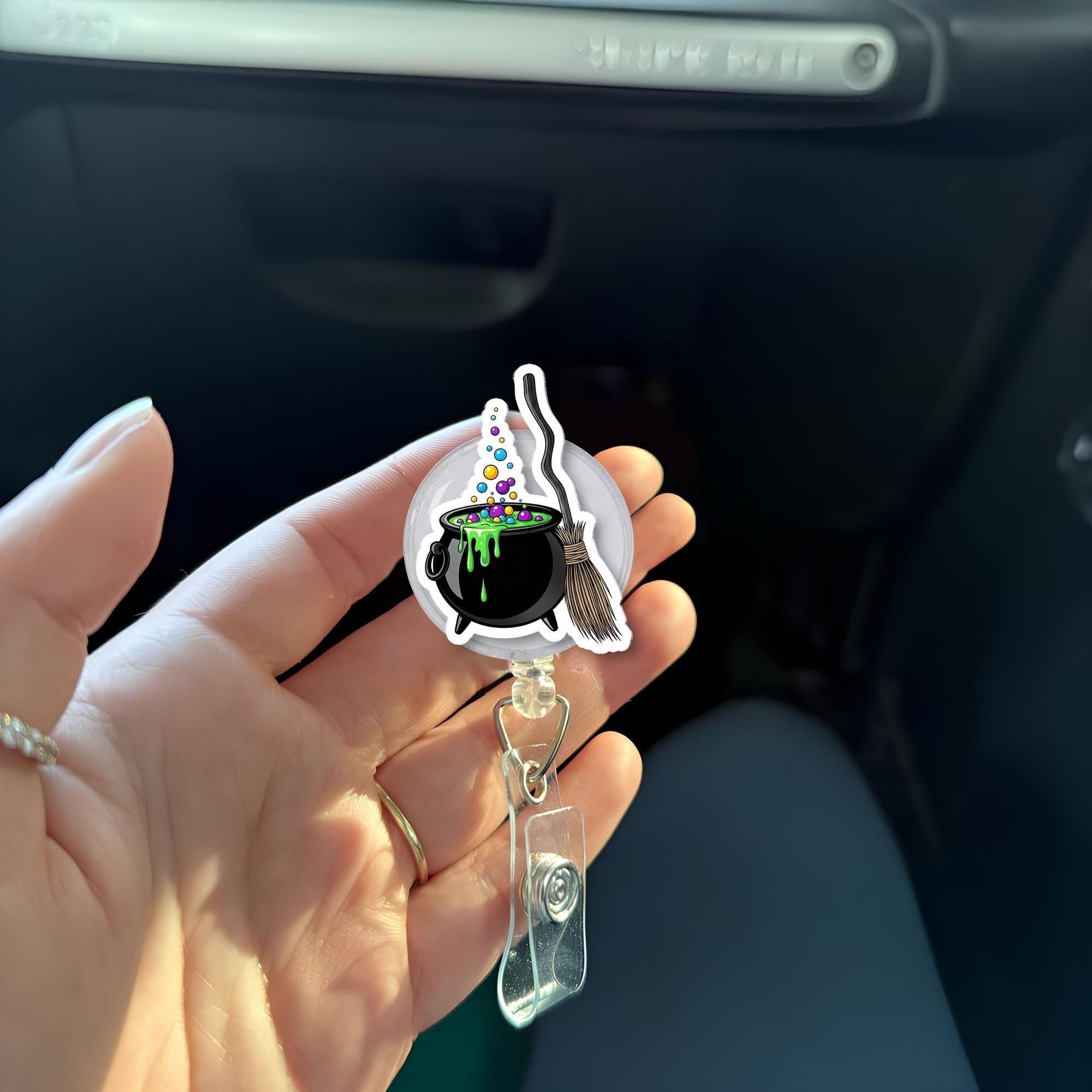 Witch Cauldron Badge Reel – Halloween Broom & Potion Retractable ID Holder, Spooky Nurse Teacher Name Tag Reel