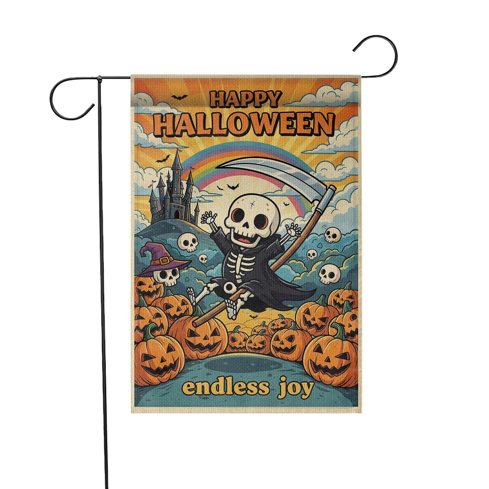 Retro Halloween Garden Flag, Groovy Grim Reaper Skeleton Decor, Whimsical Outdoor Yard Flag, Hippie Fall Porch Sign, Funny Halloween
