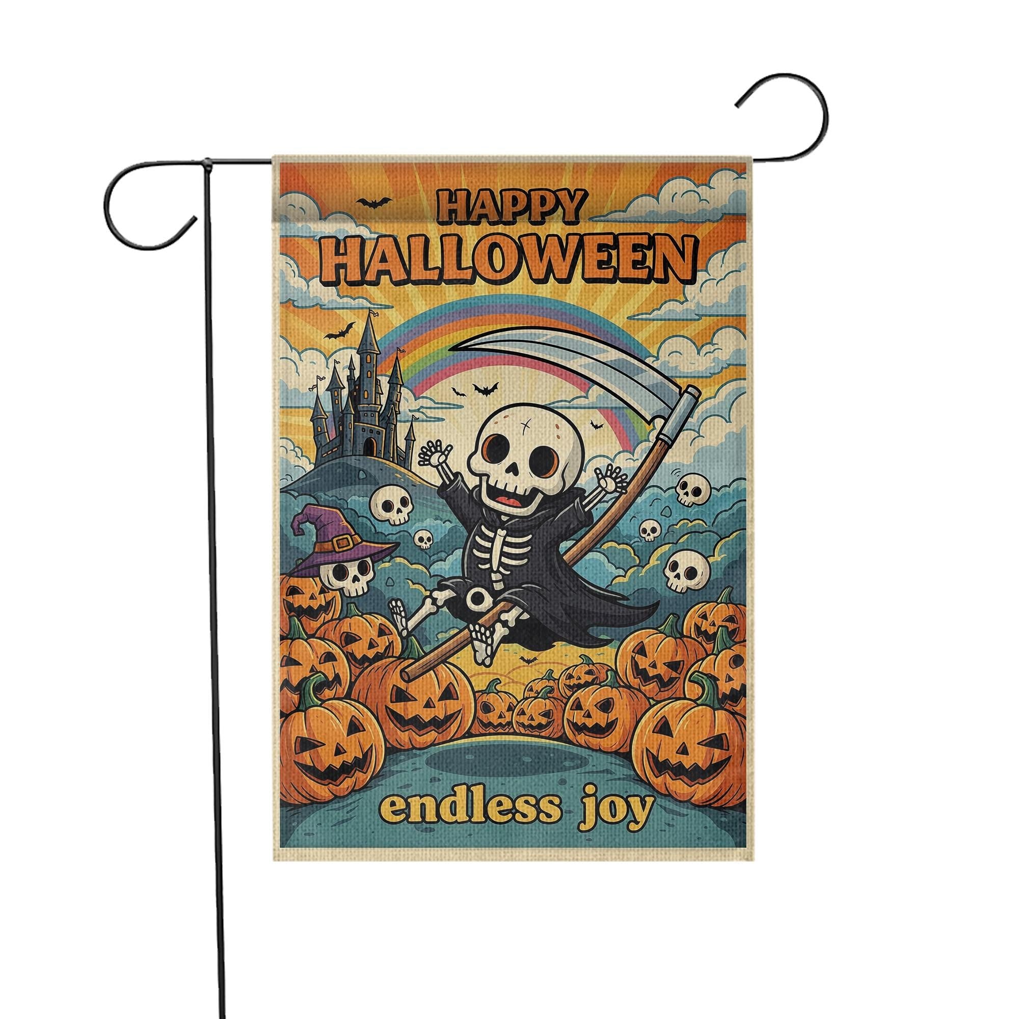 Retro Halloween Garden Flag, Groovy Grim Reaper Skeleton Decor, Whimsical Outdoor Yard Flag, Hippie Fall Porch Sign, Funny Halloween