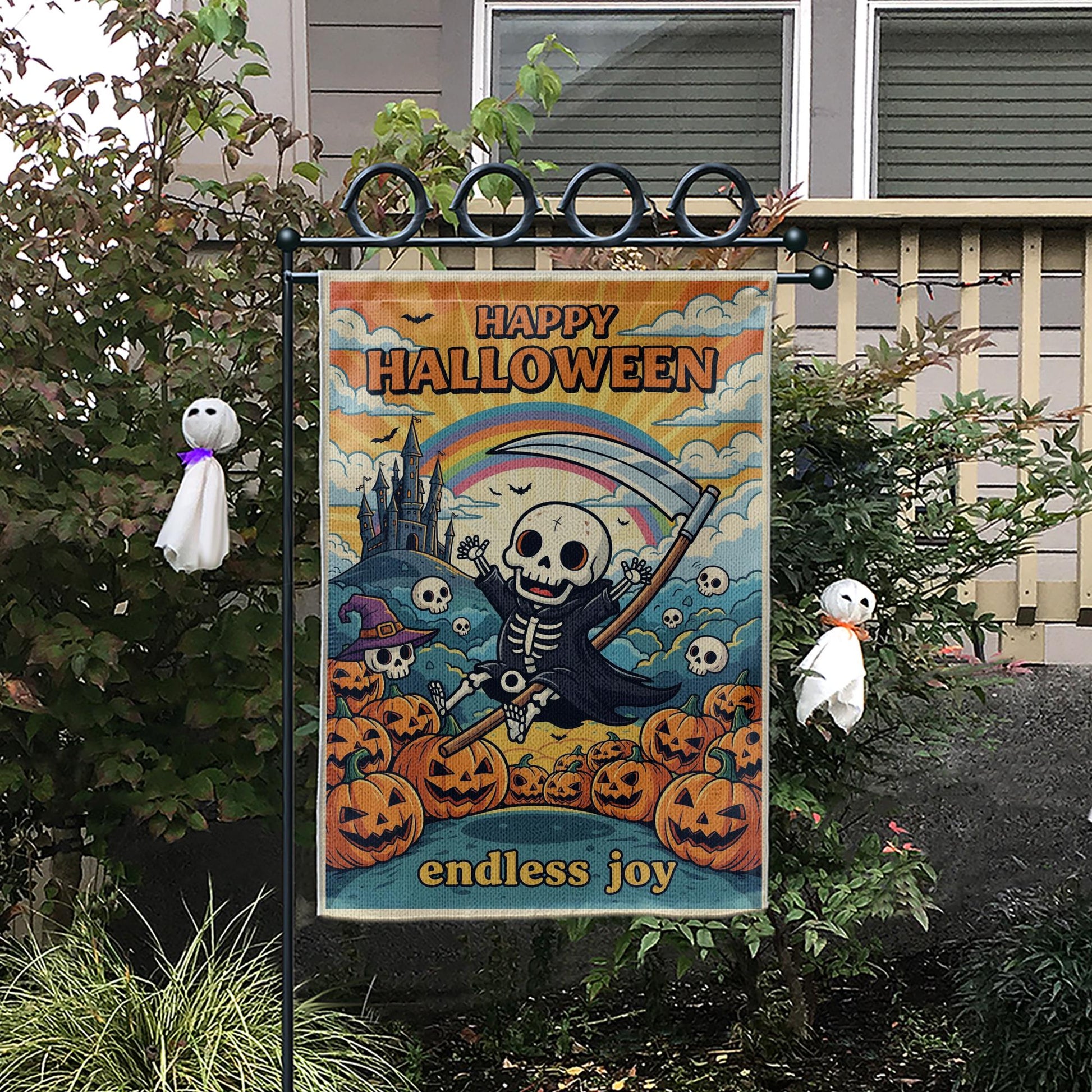 Retro Halloween Garden Flag, Groovy Grim Reaper Skeleton Decor, Whimsical Outdoor Yard Flag, Hippie Fall Porch Sign, Funny Halloween