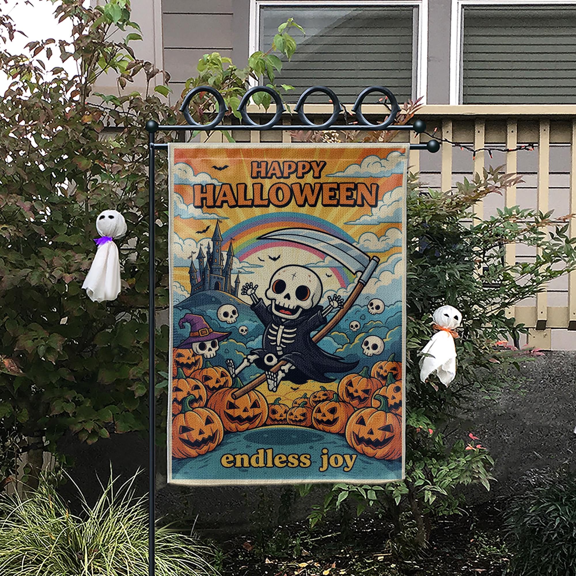Retro Halloween Garden Flag, Groovy Grim Reaper Skeleton Decor, Whimsical Outdoor Yard Flag, Hippie Fall Porch Sign, Funny Halloween