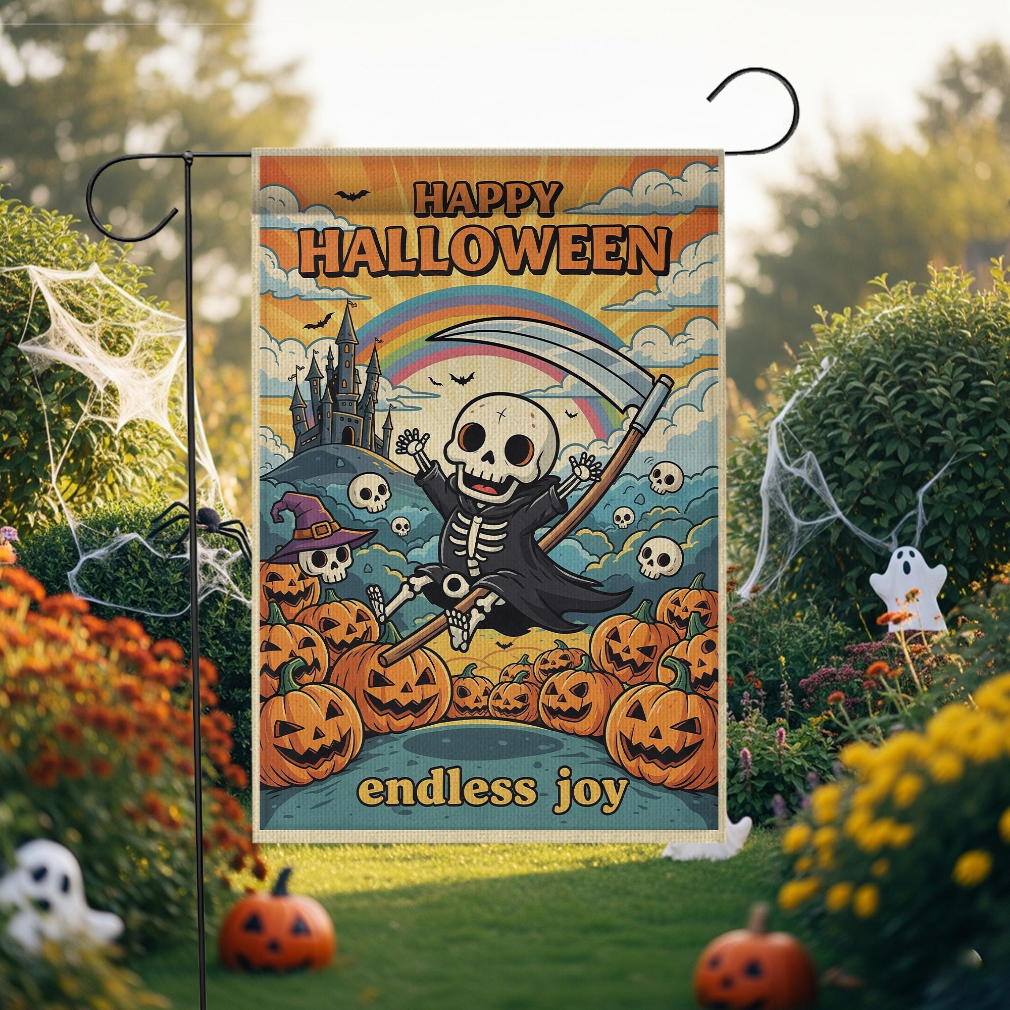 Retro Halloween Garden Flag, Groovy Grim Reaper Skeleton Decor, Whimsical Outdoor Yard Flag, Hippie Fall Porch Sign, Funny Halloween