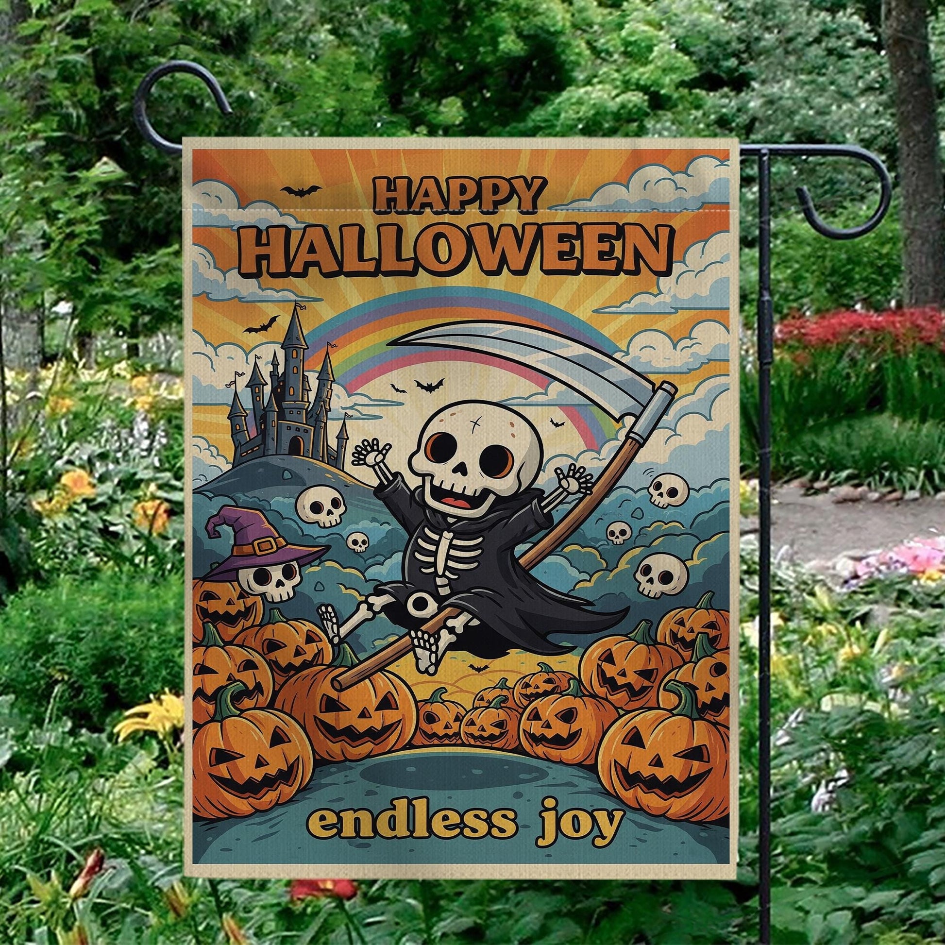 Retro Halloween Garden Flag, Groovy Grim Reaper Skeleton Decor, Whimsical Outdoor Yard Flag, Hippie Fall Porch Sign, Funny Halloween