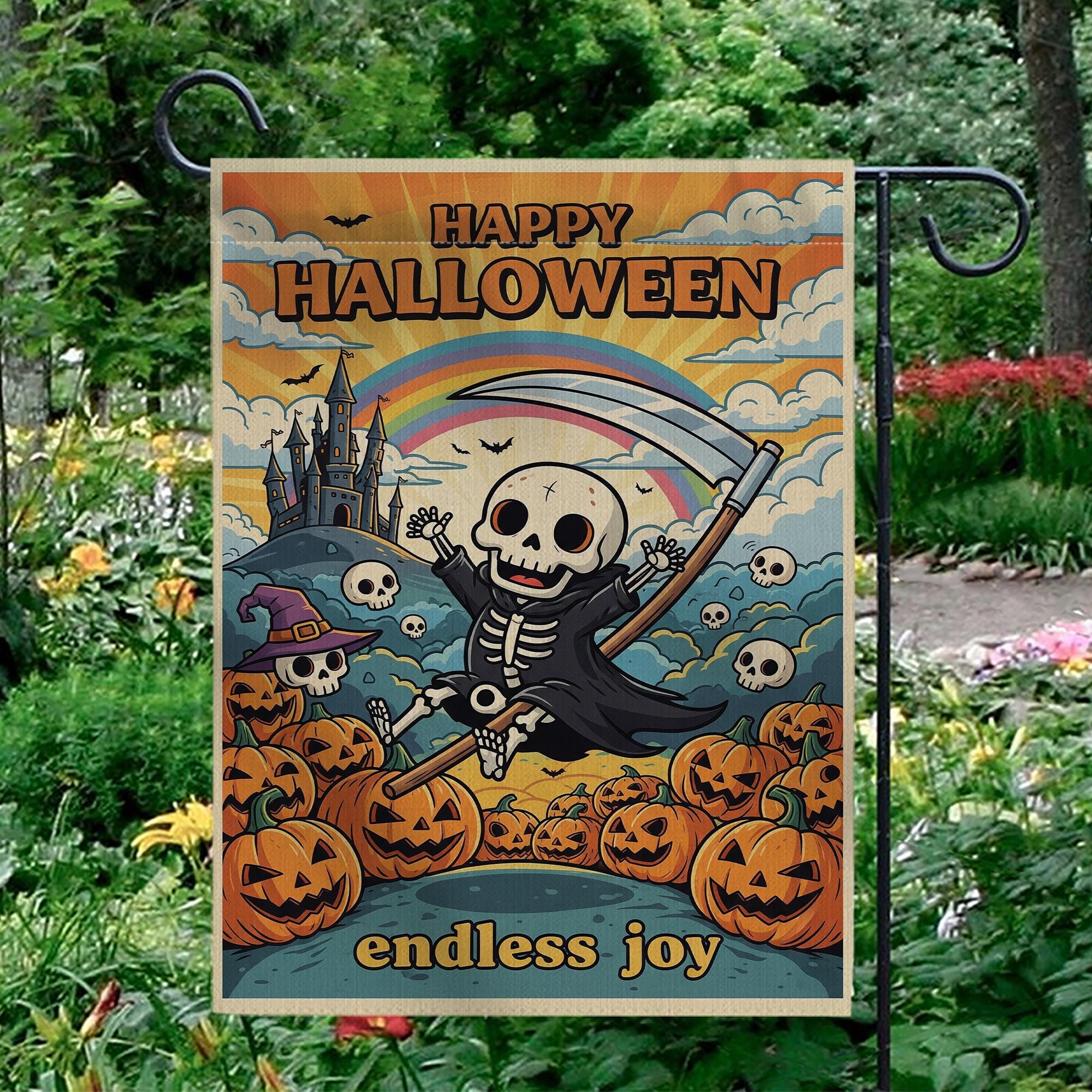 Retro Halloween Garden Flag, Groovy Grim Reaper Skeleton Decor, Whimsical Outdoor Yard Flag, Hippie Fall Porch Sign, Funny Halloween