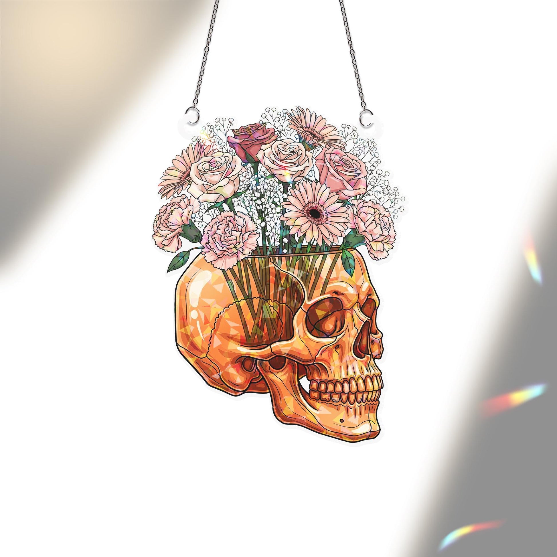 Floral Skull Holographic Window Hanging – Gothic Rose & Daisy Skull Sun Catcher, Dark Academia Halloween Floral Decor