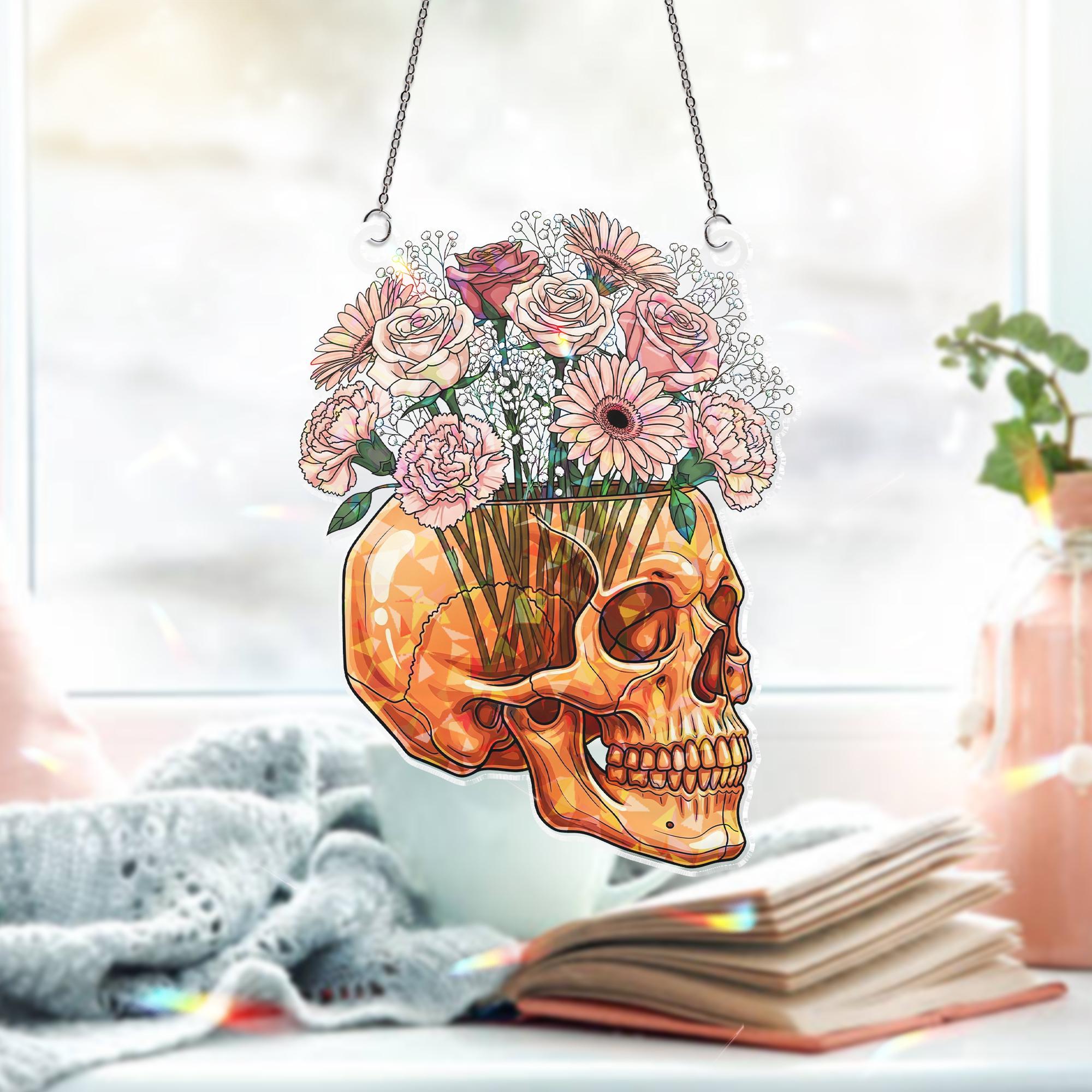 Floral Skull Holographic Window Hanging – Gothic Rose & Daisy Skull Sun Catcher, Dark Academia Halloween Floral Decor