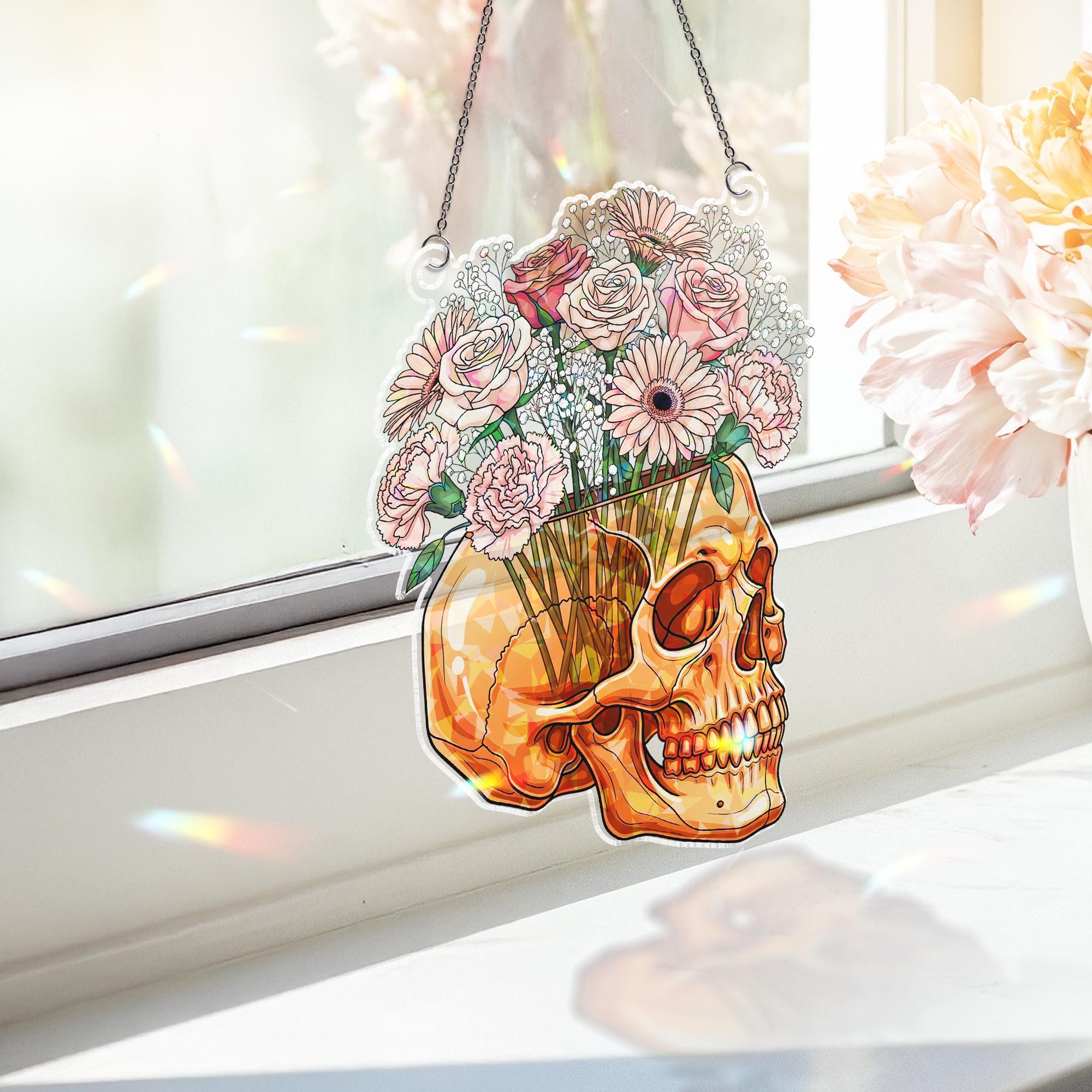 Floral Skull Holographic Window Hanging – Gothic Rose & Daisy Skull Sun Catcher, Dark Academia Halloween Floral Decor