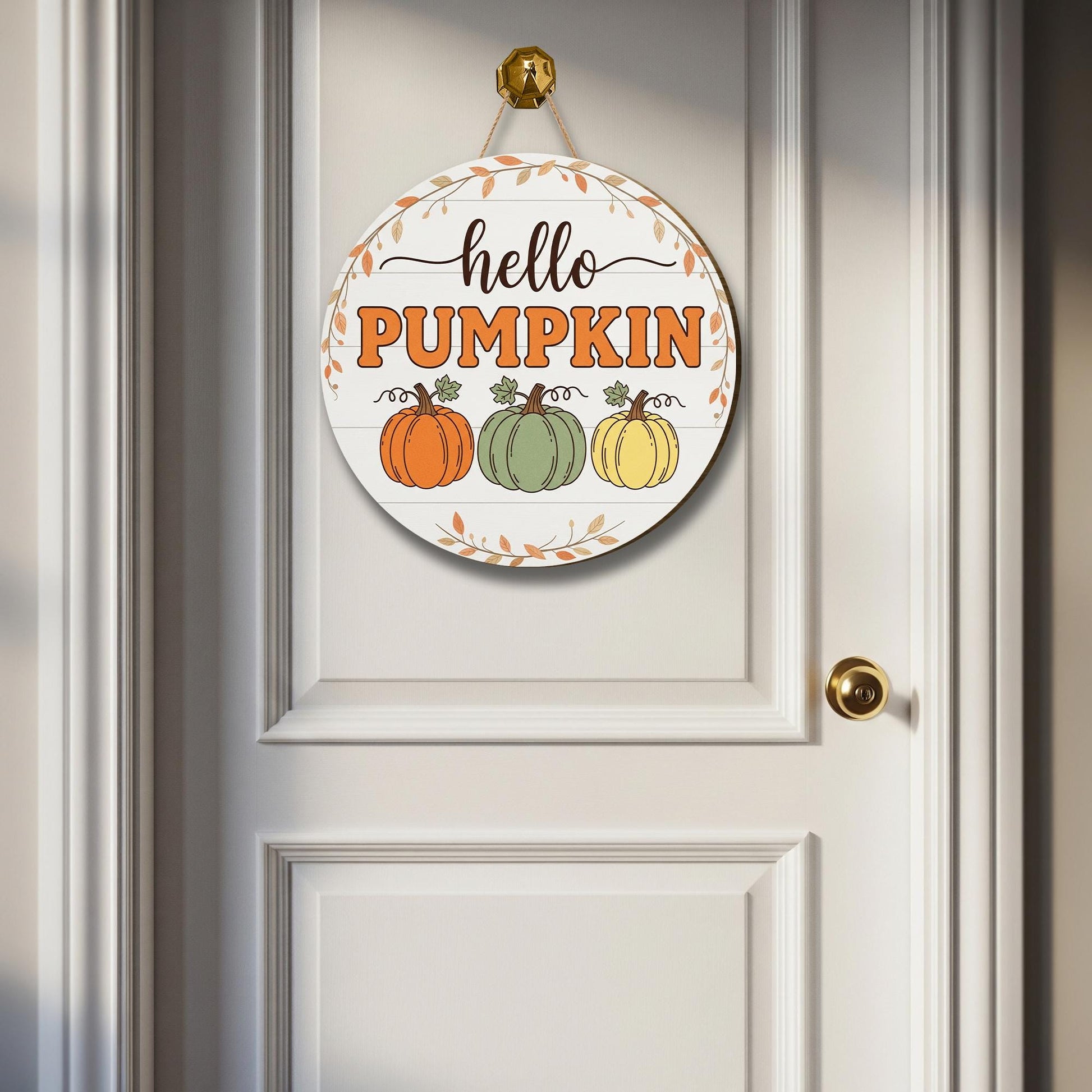 Hello Pumpkin Door Hanger, Autumn Pumpkin Sign, Fall Welcome Decor, Rustic Round Front Door Decor