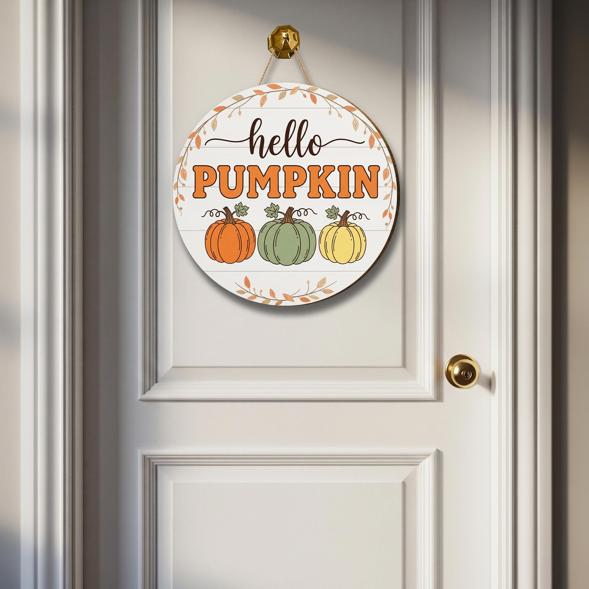 Hello Pumpkin Door Hanger, Autumn Pumpkin Sign, Fall Welcome Decor, Rustic Round Front Door Decor