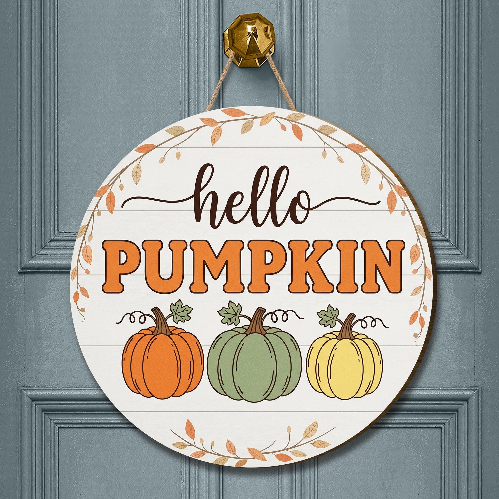 Hello Pumpkin Door Hanger, Autumn Pumpkin Sign, Fall Welcome Decor, Rustic Round Front Door Decor