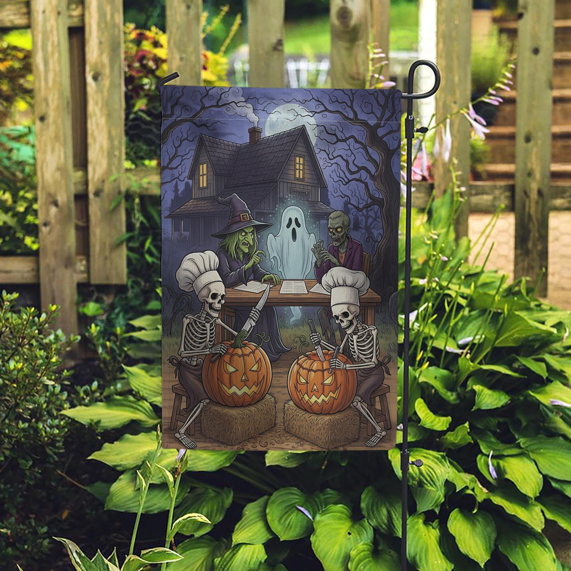 Skeleton Pumpkin Carving Halloween Flag – Witch Ghost Zombie Haunted House Garden Flag, Spooky Outdoor Halloween Decor