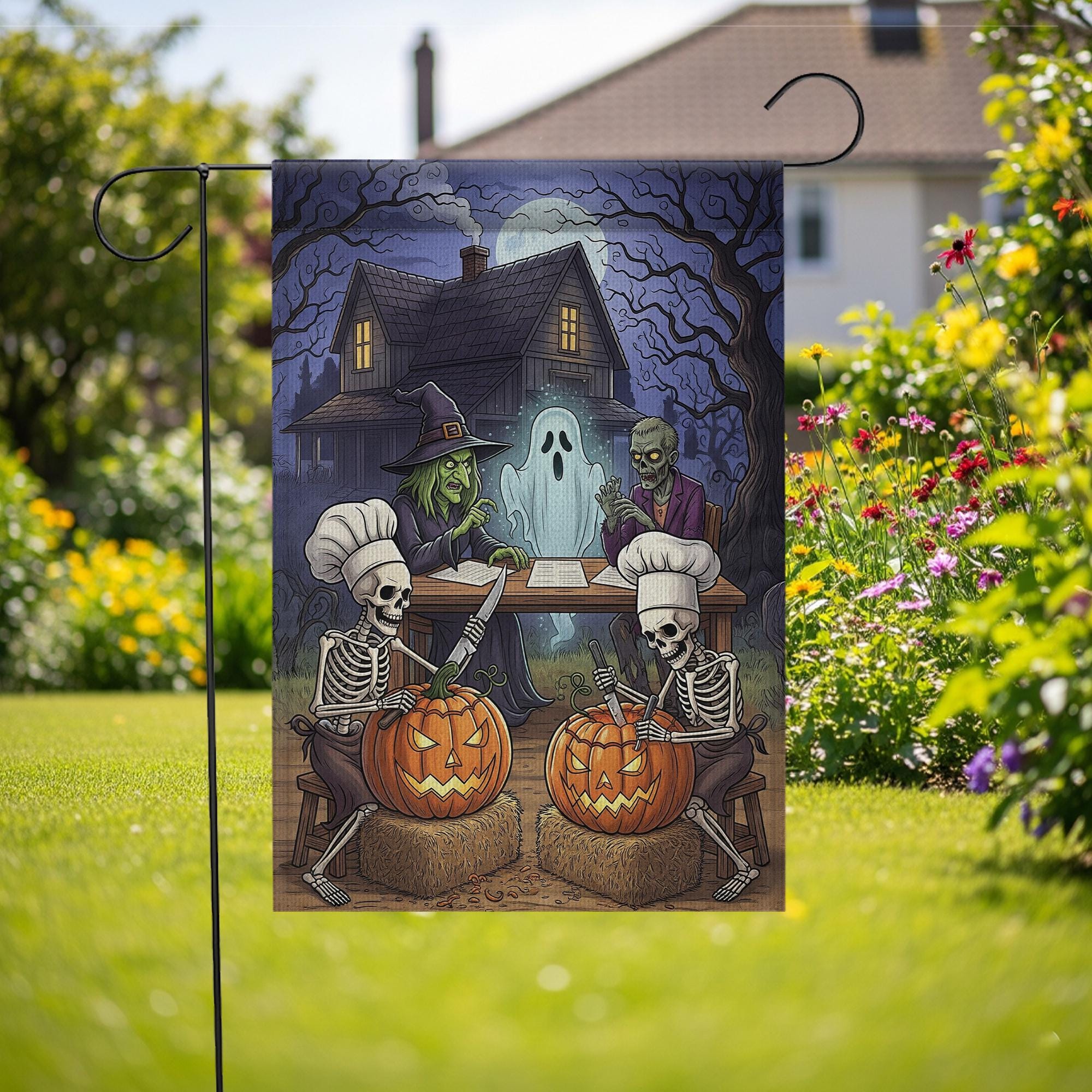 Skeleton Pumpkin Carving Halloween Flag – Witch Ghost Zombie Haunted House Garden Flag, Spooky Outdoor Halloween Decor