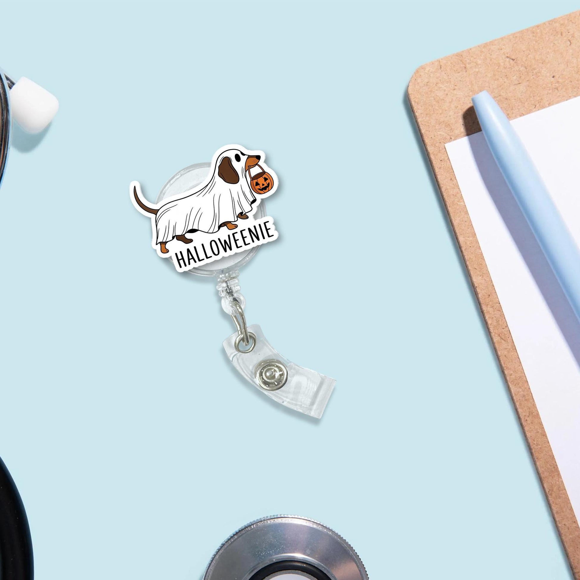 Halloweenie Dachshund Badge Reel – Ghost Dog Retractable ID Holder, Funny Wiener Dog Halloween Name Tag for Nurse or Teacher