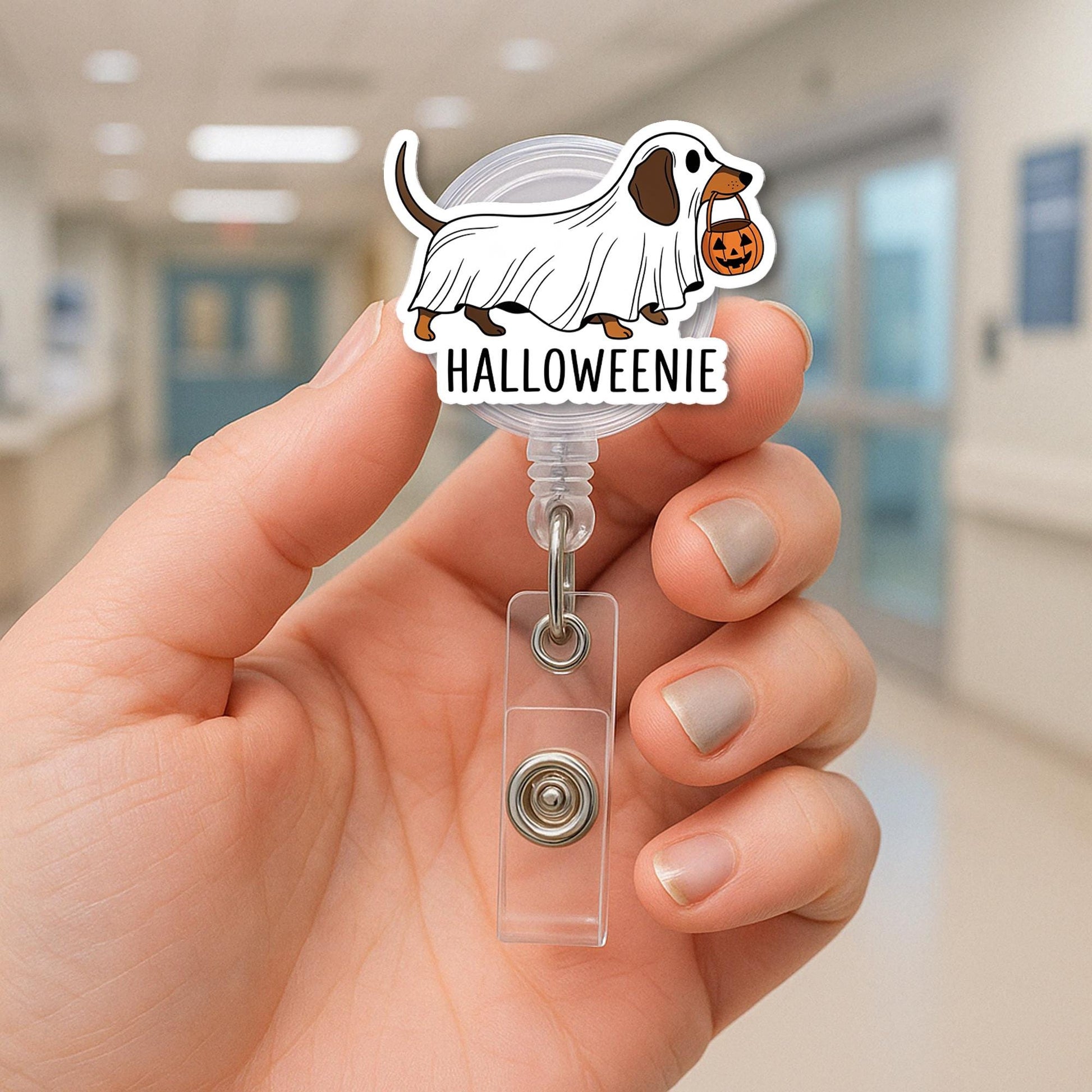 Halloweenie Dachshund Badge Reel – Ghost Dog Retractable ID Holder, Funny Wiener Dog Halloween Name Tag for Nurse or Teacher