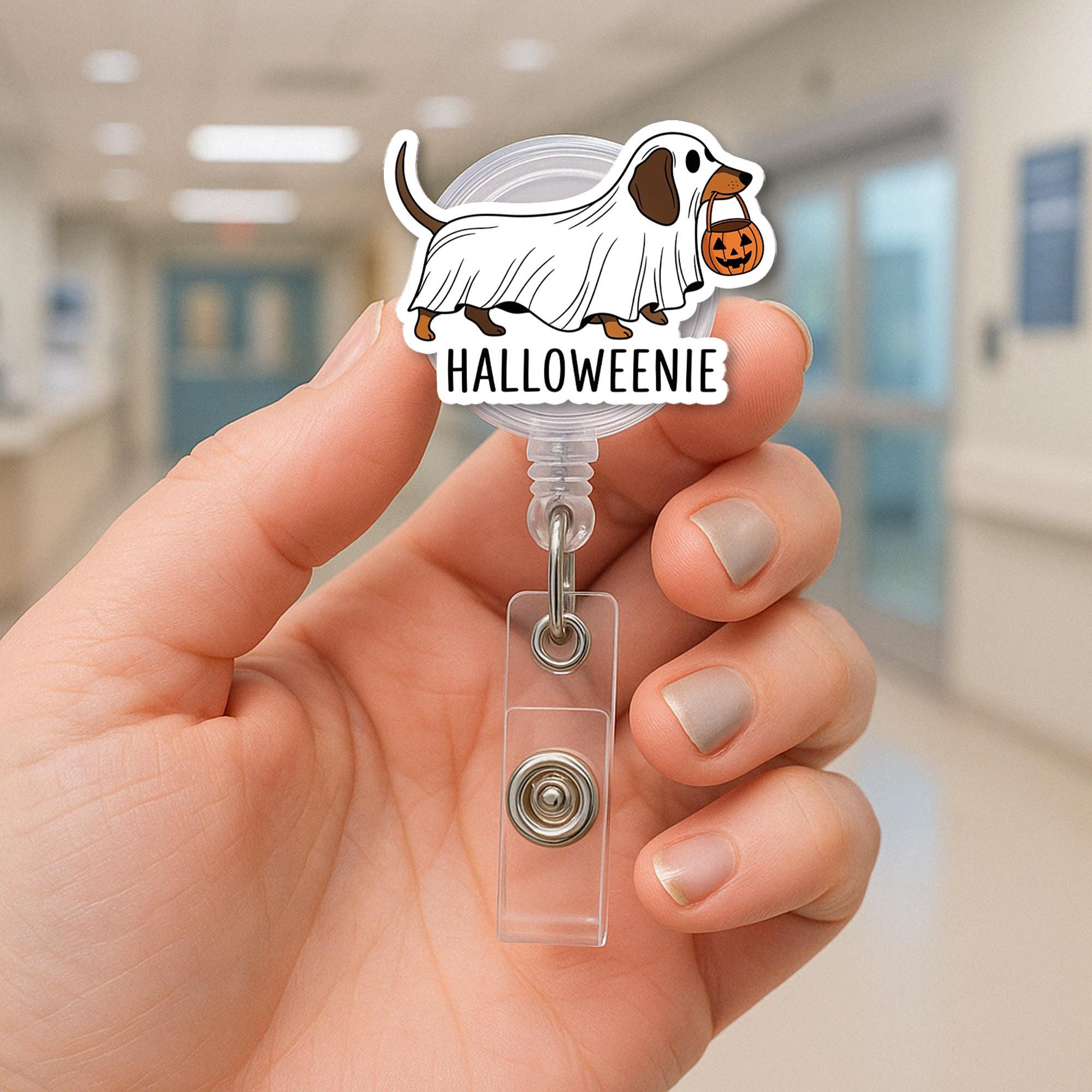 Halloweenie Dachshund Badge Reel – Ghost Dog Retractable ID Holder, Funny Wiener Dog Halloween Name Tag for Nurse or Teacher