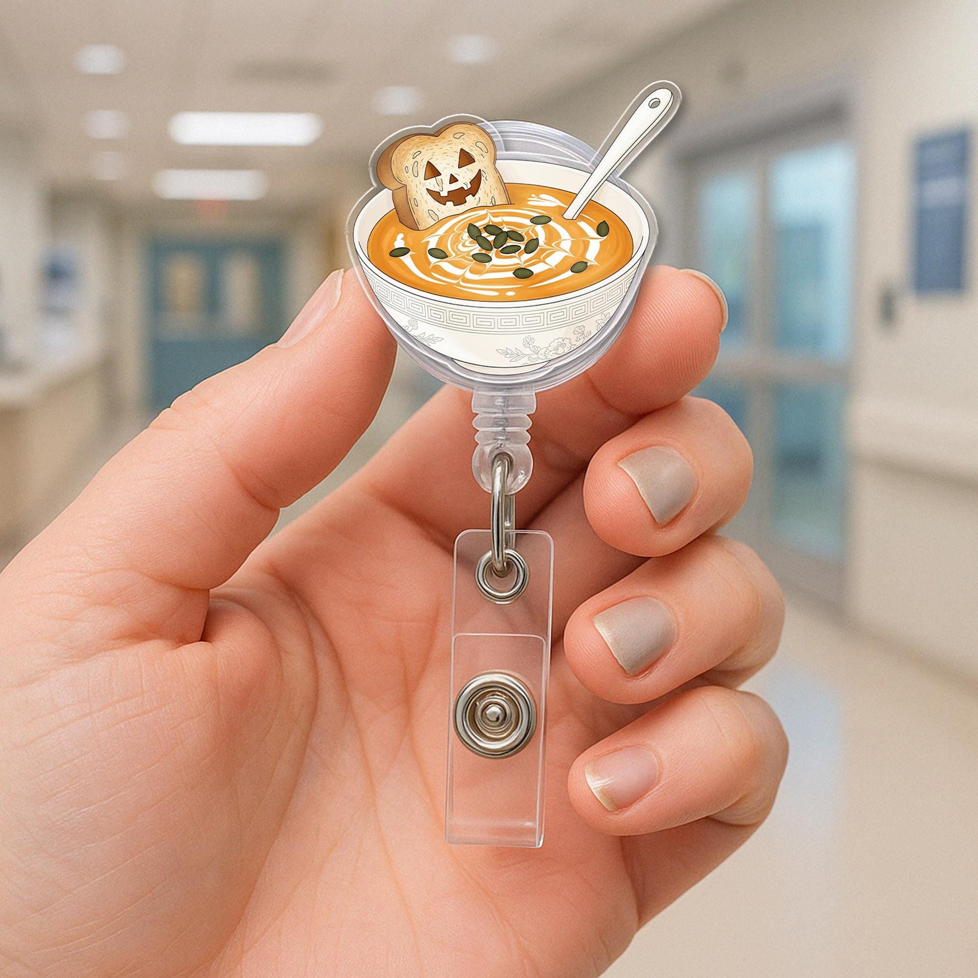 Pumpkin Soup Badge Reel – Autumn Fall Soup Bowl with Toast Retractable ID Holder, Cute Halloween Nurse Teacher Name Tag Reel