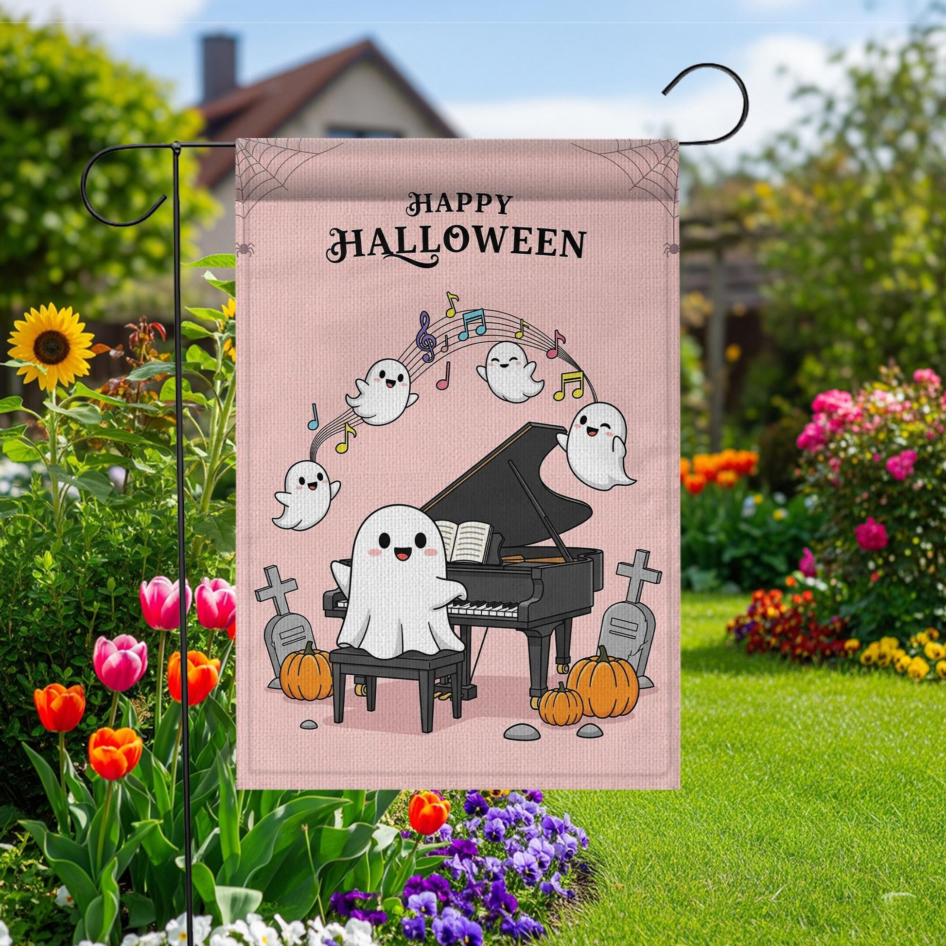 Cute Ghost Halloween Garden Flag, Piano Playing Ghost Yard Decor, Spooky Cute Outdoor Flag, Kawaii Fall Porch Sign, Music Lover Gift