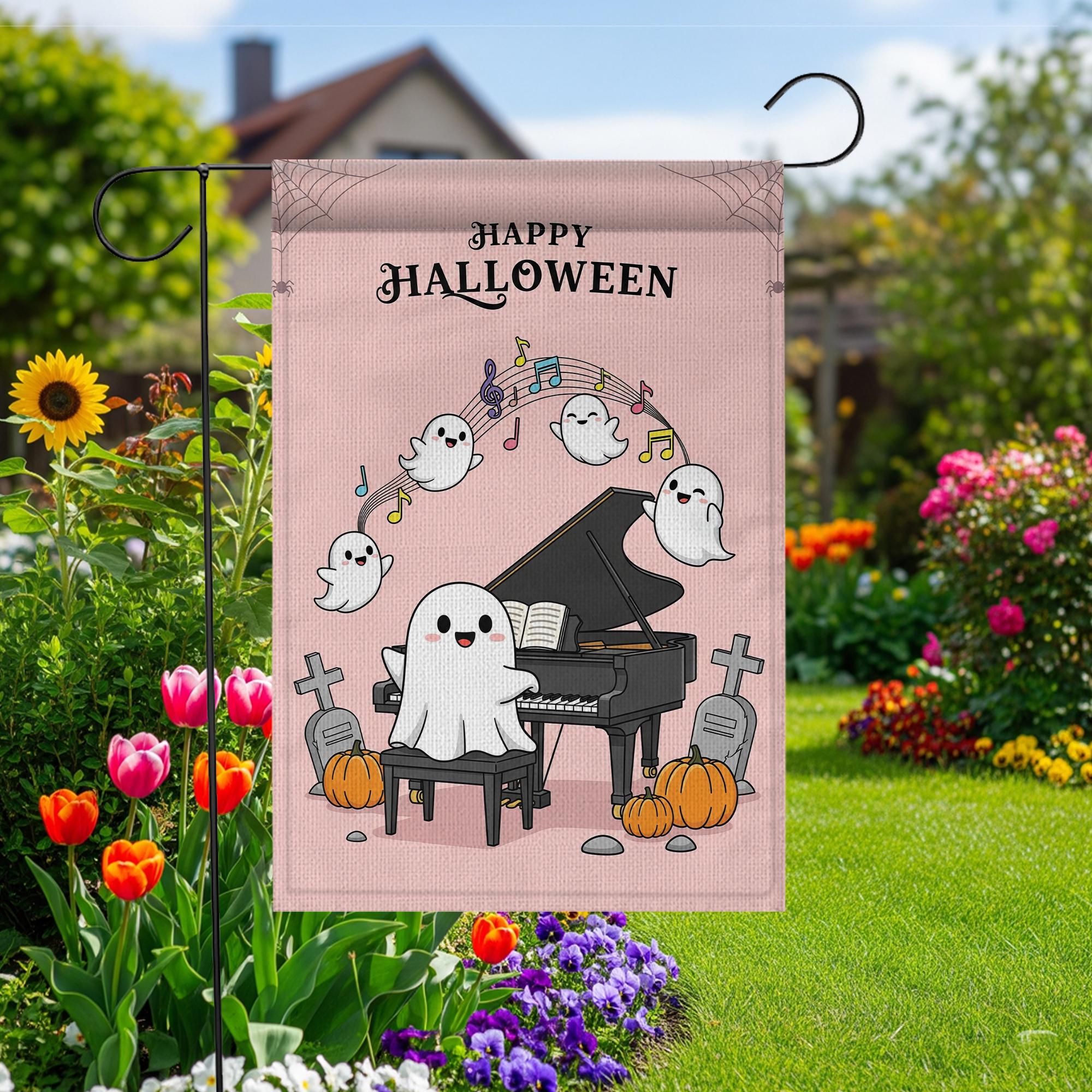 Cute Ghost Halloween Garden Flag, Piano Playing Ghost Yard Decor, Spooky Cute Outdoor Flag, Kawaii Fall Porch Sign, Music Lover Gift