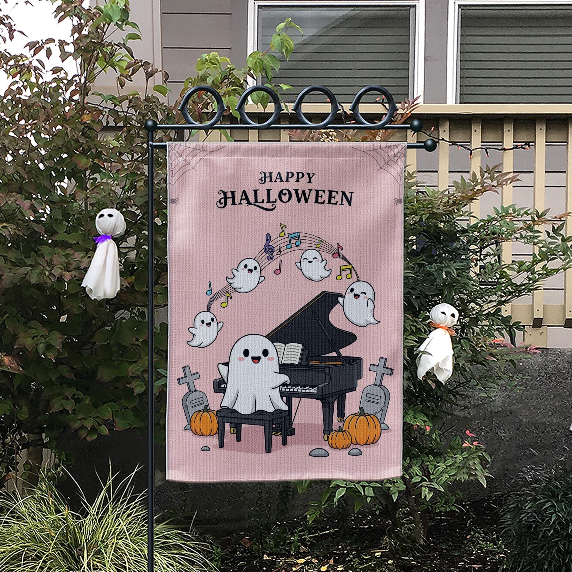 Cute Ghost Halloween Garden Flag, Piano Playing Ghost Yard Decor, Spooky Cute Outdoor Flag, Kawaii Fall Porch Sign, Music Lover Gift