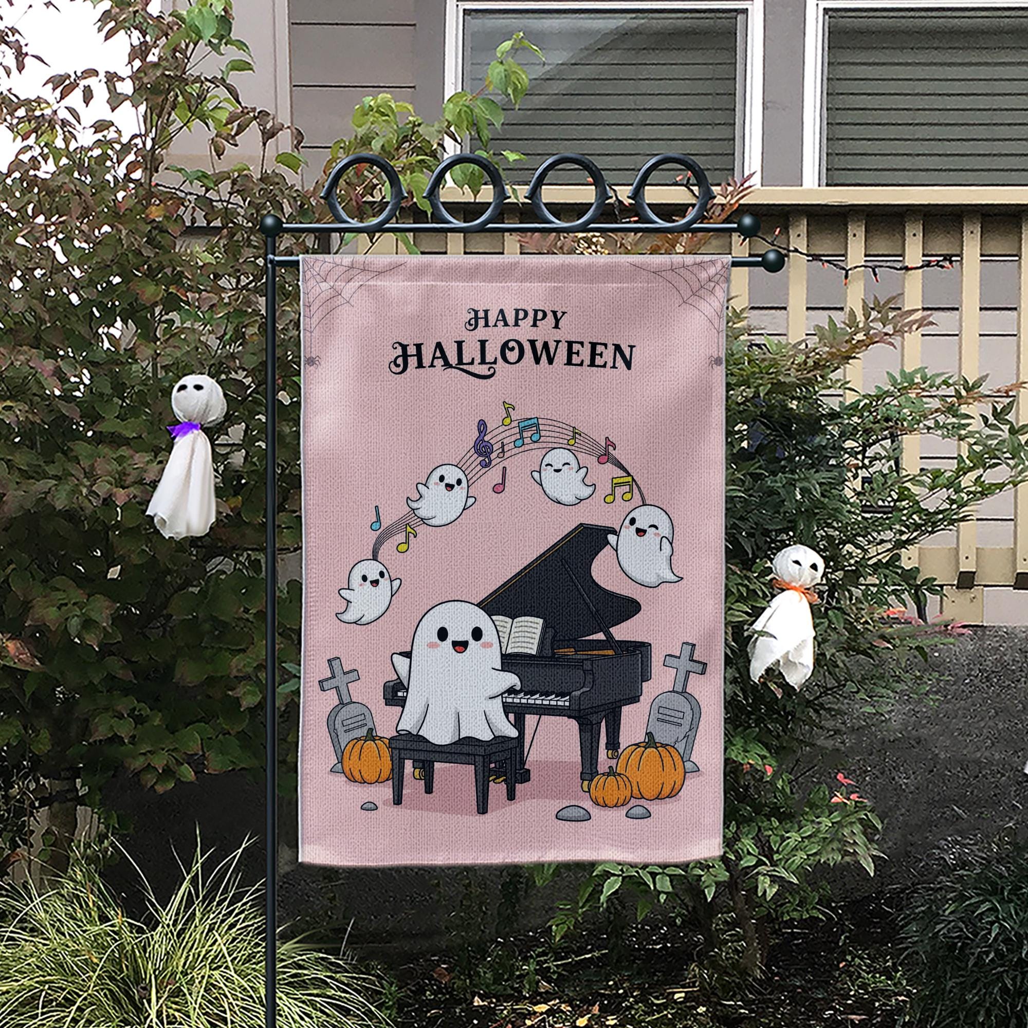 Cute Ghost Halloween Garden Flag, Piano Playing Ghost Yard Decor, Spooky Cute Outdoor Flag, Kawaii Fall Porch Sign, Music Lover Gift