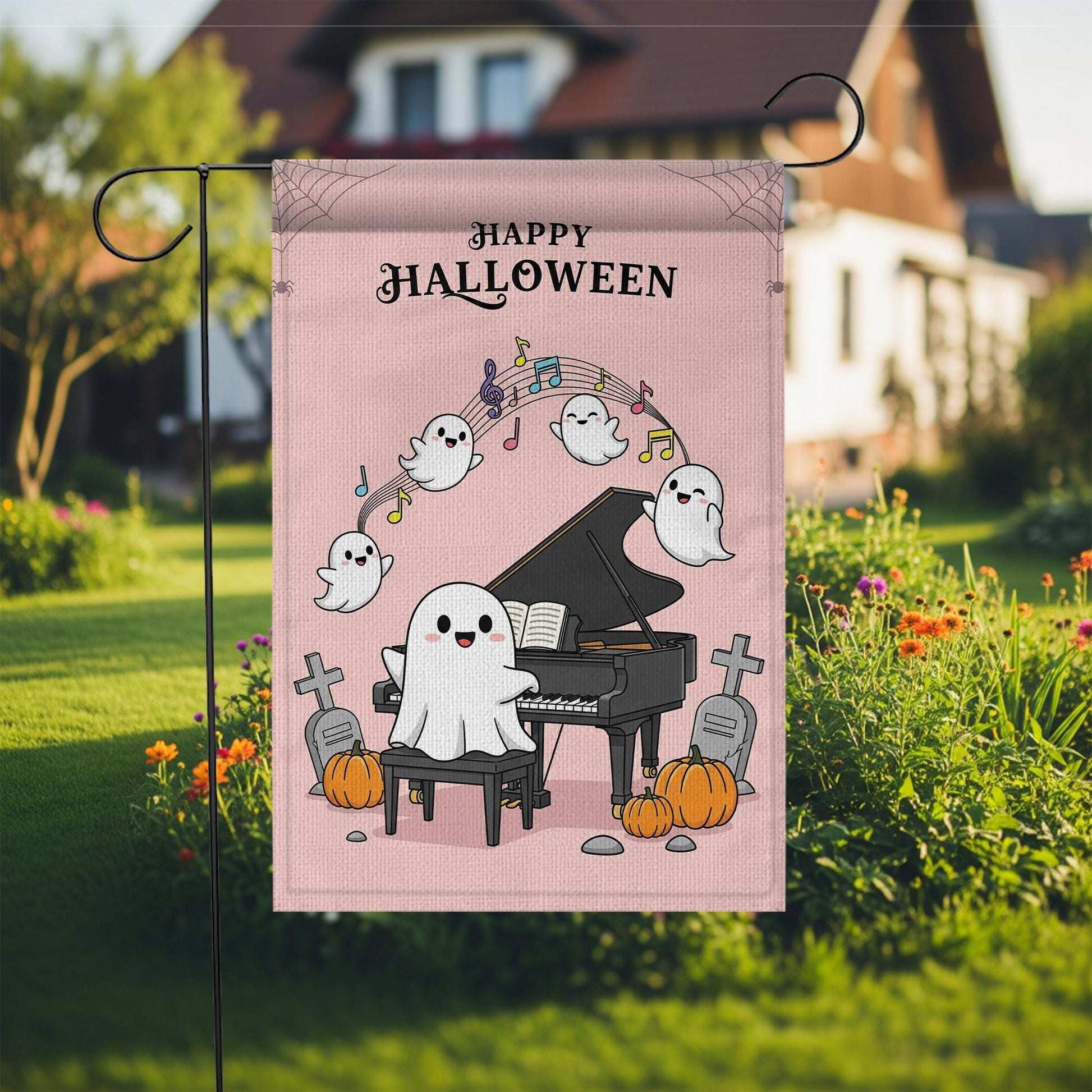 Cute Ghost Halloween Garden Flag, Piano Playing Ghost Yard Decor, Spooky Cute Outdoor Flag, Kawaii Fall Porch Sign, Music Lover Gift