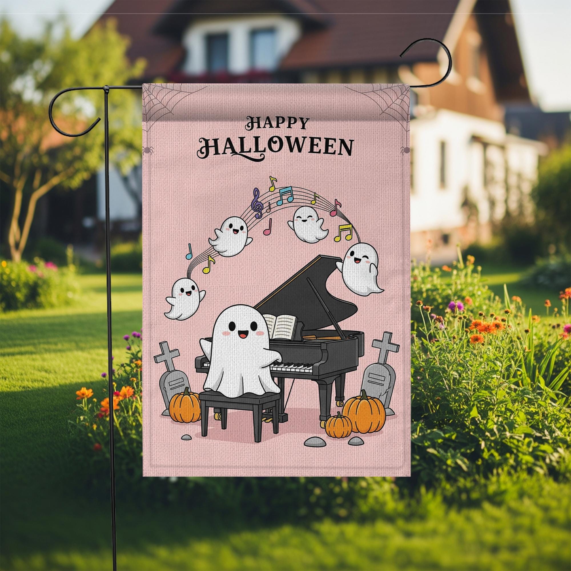 Cute Ghost Halloween Garden Flag, Piano Playing Ghost Yard Decor, Spooky Cute Outdoor Flag, Kawaii Fall Porch Sign, Music Lover Gift