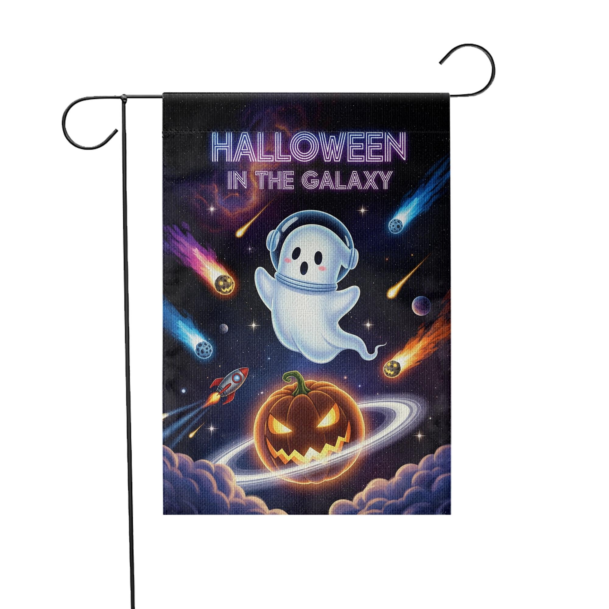 Space Halloween Garden Flag, Galaxy Ghost & Pumpkin Planet, Sci-Fi Outdoor Yard Decor, Cosmic Fall Porch Sign, Spooky Cute Decoration