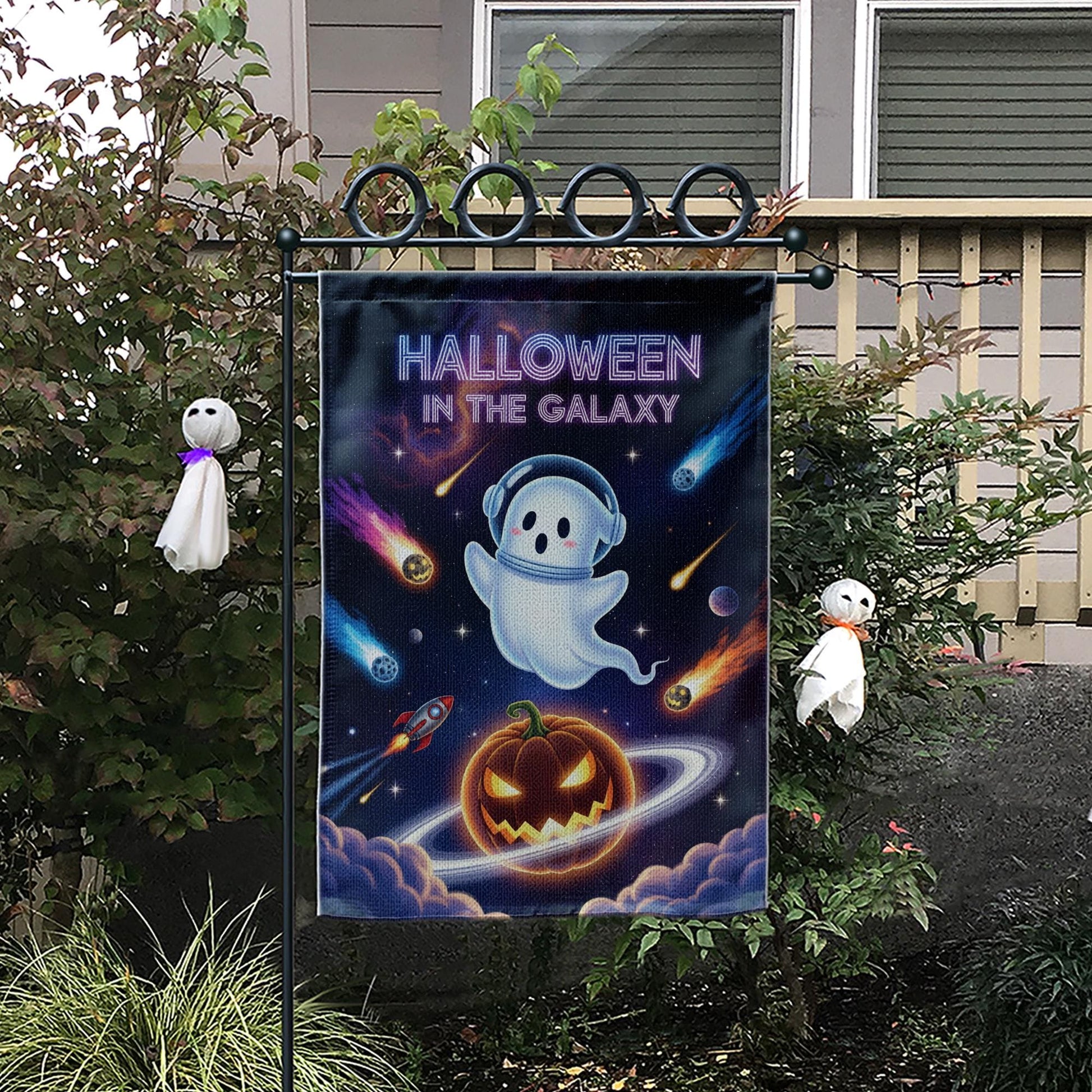 Space Halloween Garden Flag, Galaxy Ghost & Pumpkin Planet, Sci-Fi Outdoor Yard Decor, Cosmic Fall Porch Sign, Spooky Cute Decoration