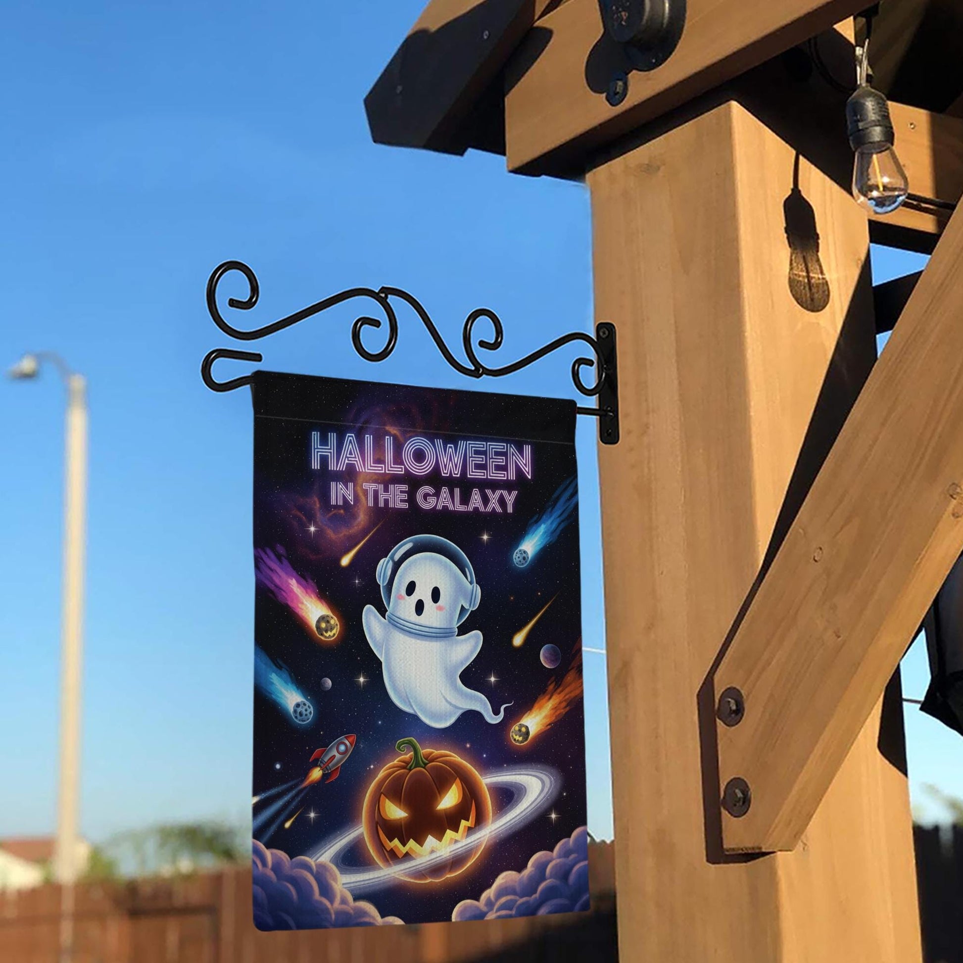 Space Halloween Garden Flag, Galaxy Ghost & Pumpkin Planet, Sci-Fi Outdoor Yard Decor, Cosmic Fall Porch Sign, Spooky Cute Decoration