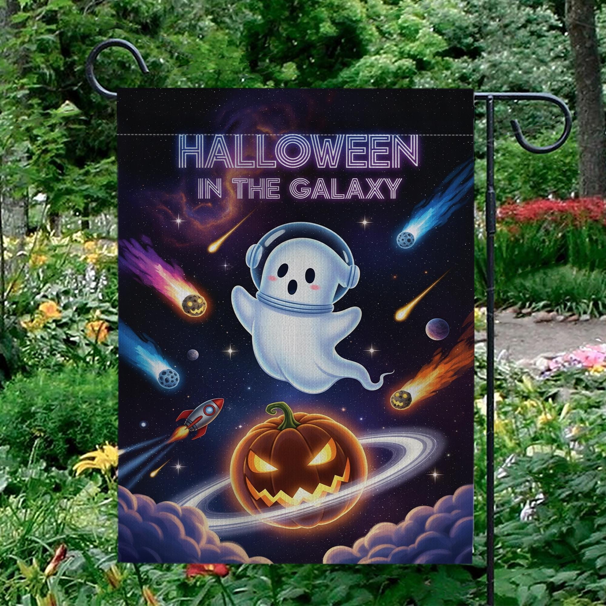 Space Halloween Garden Flag, Galaxy Ghost & Pumpkin Planet, Sci-Fi Outdoor Yard Decor, Cosmic Fall Porch Sign, Spooky Cute Decoration