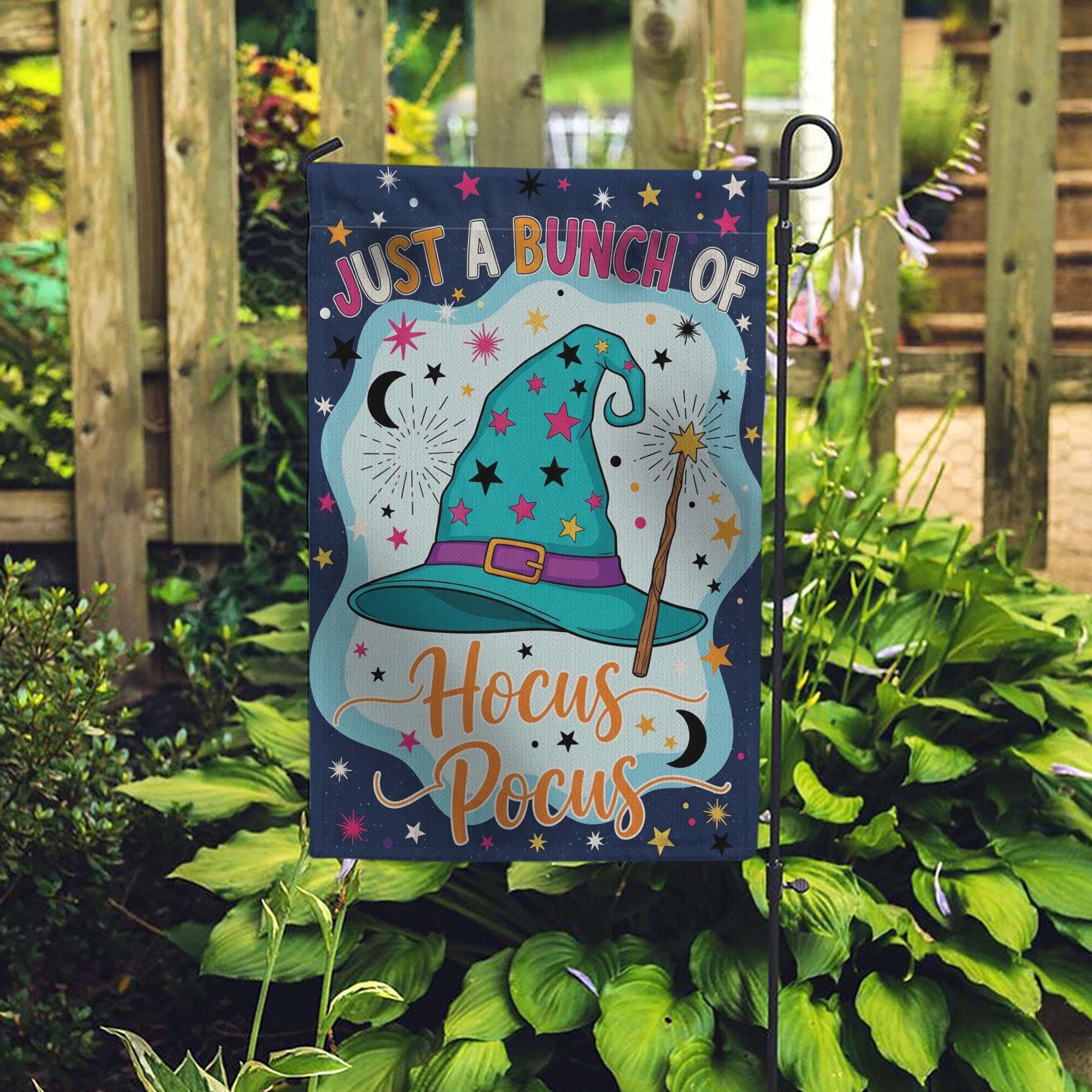 Hocus Pocus Garden Flag, 'Just a Bunch of Hocus Pocus' Yard Sign, Whimsical Witch Hat Decor, Outdoor Halloween Flag, Fall Porch Decoration