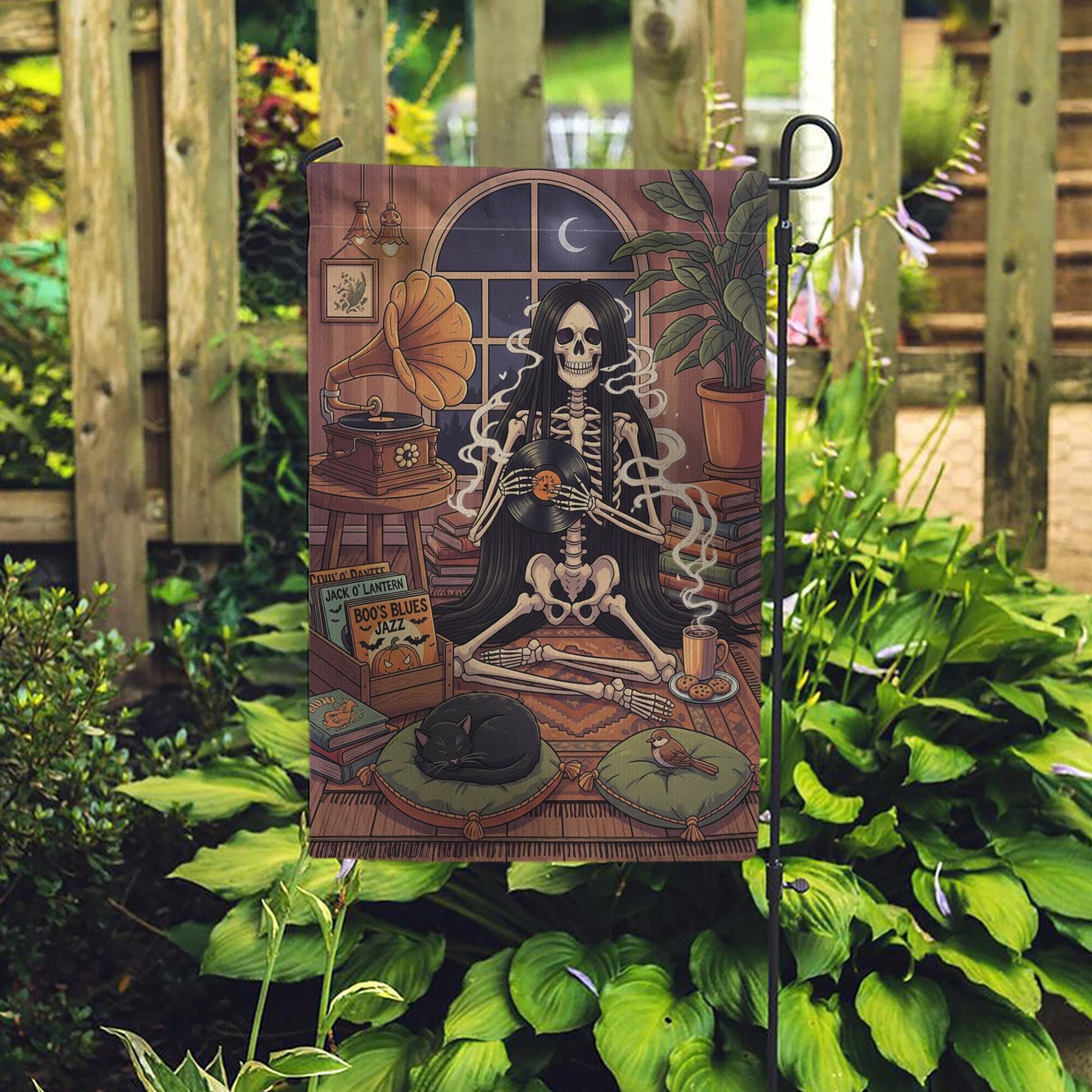 Skeleton Music Lover Halloween Garden Flag, Gothic Outdoor Yard Decor, Cozy Spooky Vintage Decoration with Black Cat