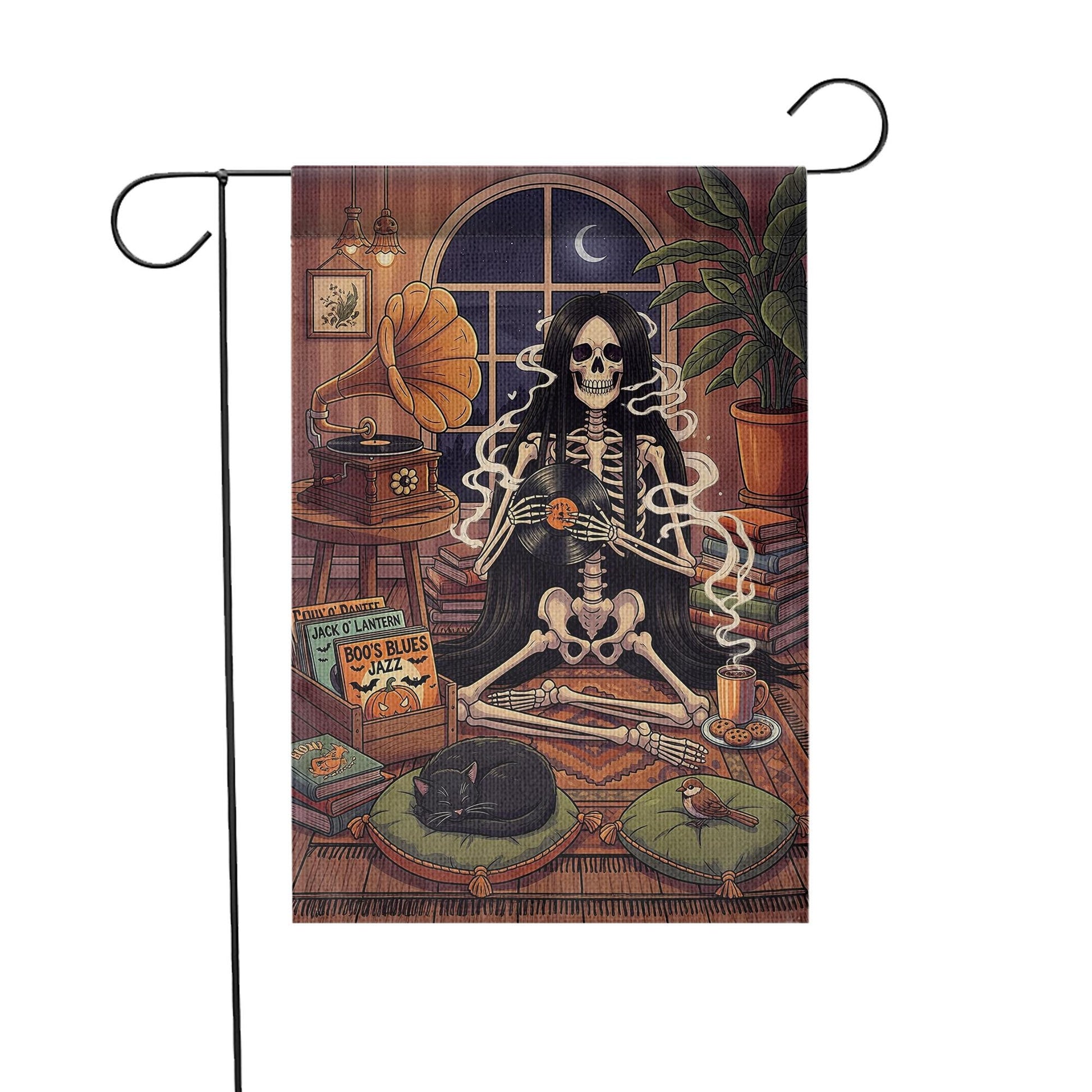 Skeleton Music Lover Halloween Garden Flag, Gothic Outdoor Yard Decor, Cozy Spooky Vintage Decoration with Black Cat