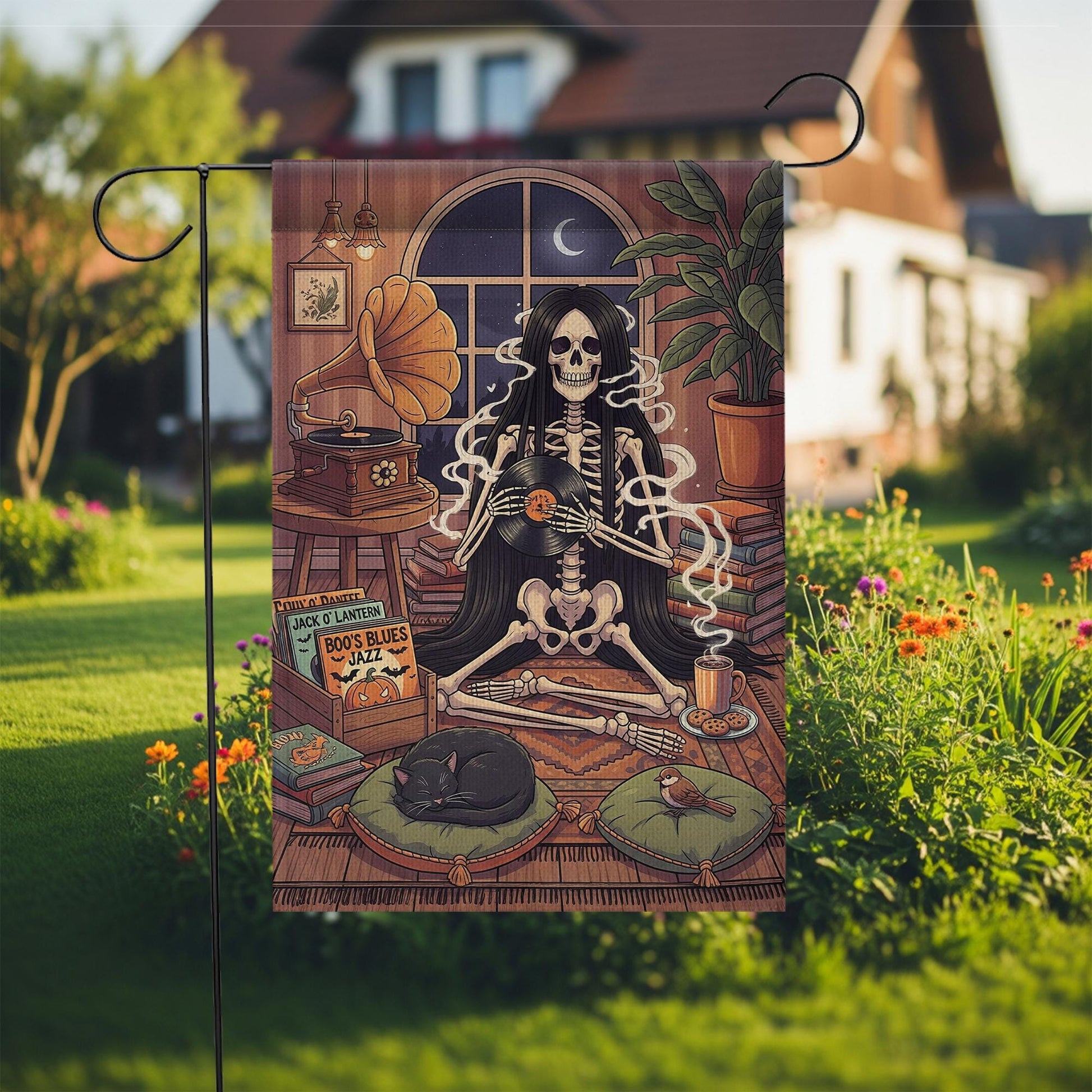 Skeleton Music Lover Halloween Garden Flag, Gothic Outdoor Yard Decor, Cozy Spooky Vintage Decoration with Black Cat