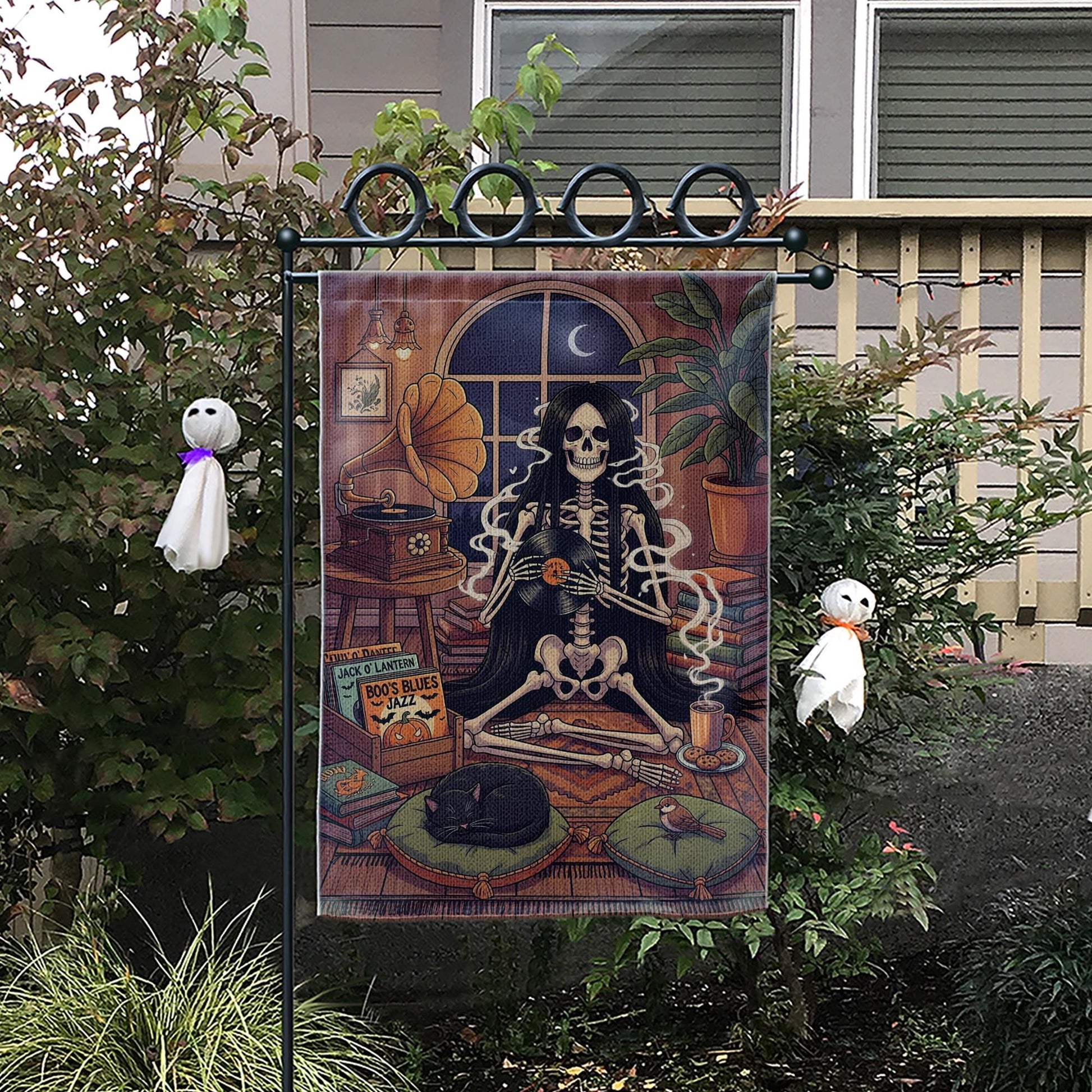 Skeleton Music Lover Halloween Garden Flag, Gothic Outdoor Yard Decor, Cozy Spooky Vintage Decoration with Black Cat