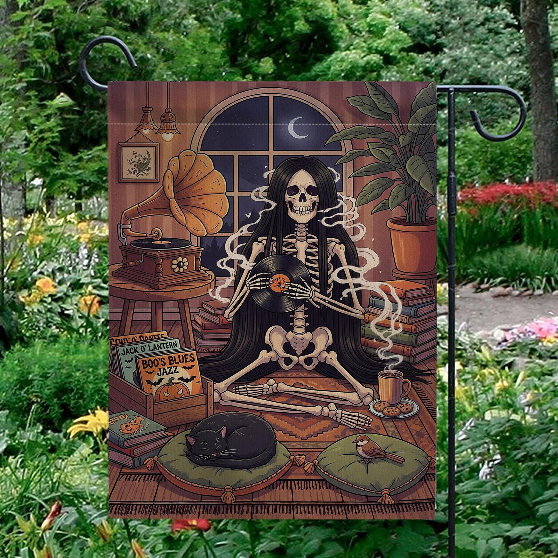 Skeleton Music Lover Halloween Garden Flag, Gothic Outdoor Yard Decor, Cozy Spooky Vintage Decoration with Black Cat