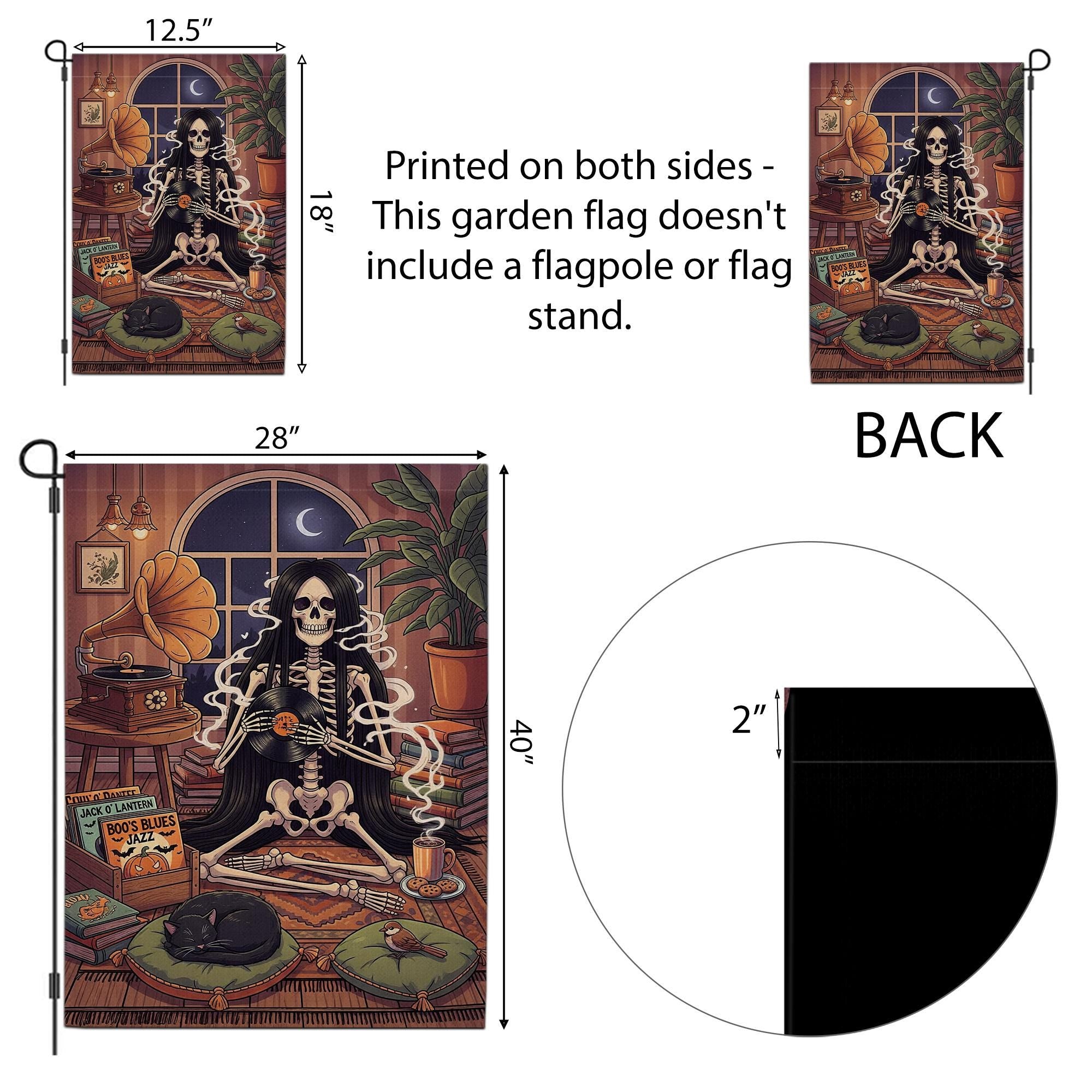 Skeleton Music Lover Halloween Garden Flag, Gothic Outdoor Yard Decor, Cozy Spooky Vintage Decoration with Black Cat
