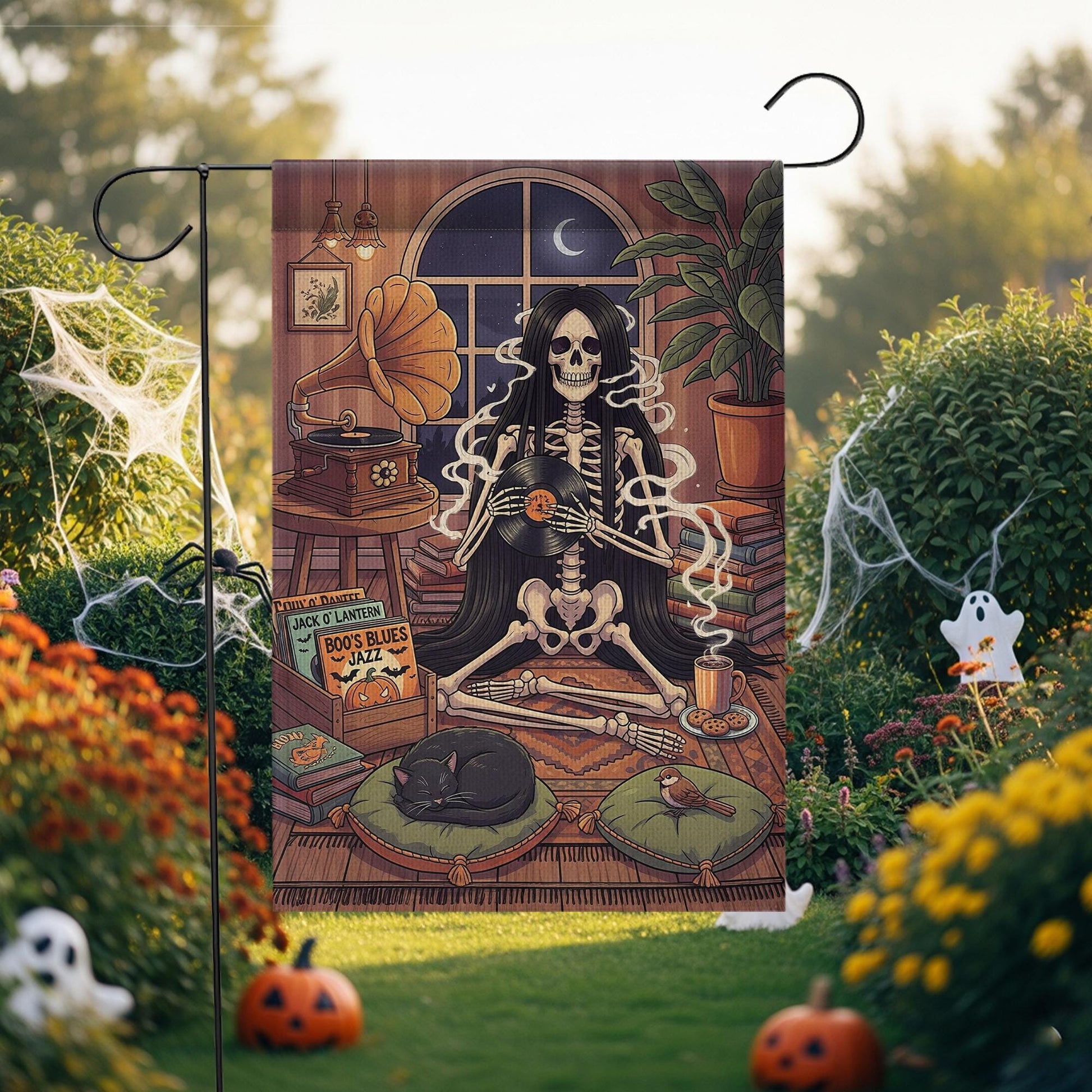 Skeleton Music Lover Halloween Garden Flag, Gothic Outdoor Yard Decor, Cozy Spooky Vintage Decoration with Black Cat