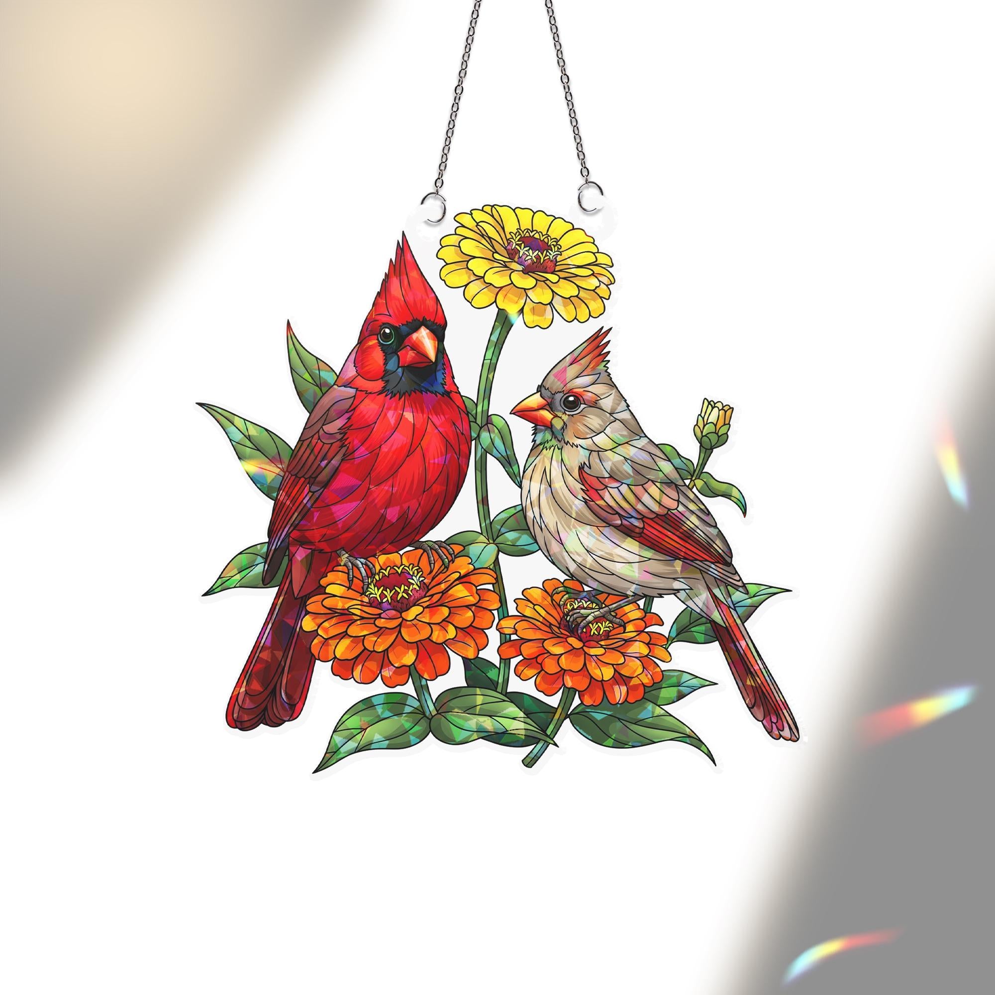 Cardinal Couple Holographic Window Hanging | Faux Stained Glass Bird Suncatcher | Memorial Gift | Spring Floral Window Decor