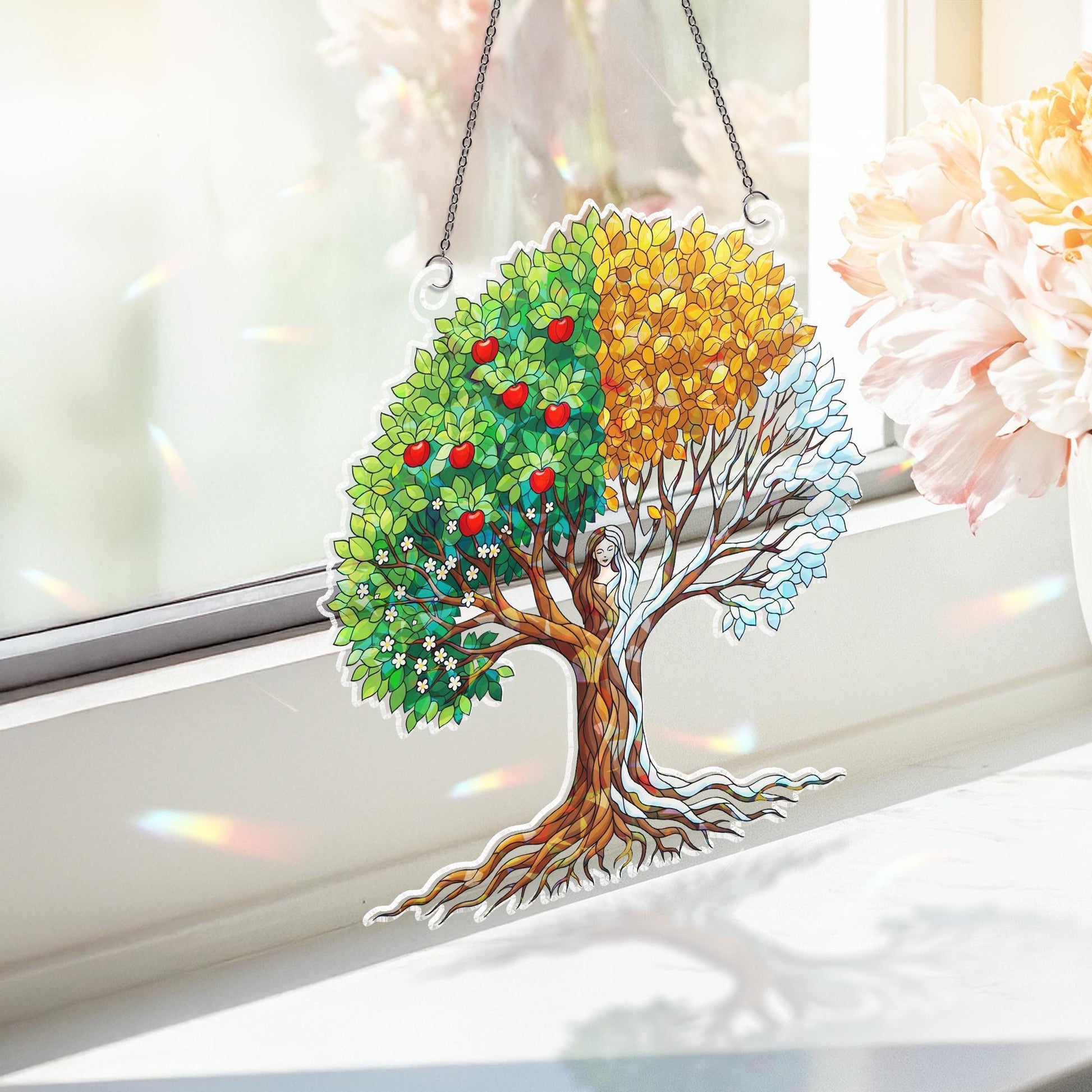 Four Seasons Tree Holographic Window Hanging | Faux Stained Glass Suncatcher | Nature Wall Decor | Year Round Seasonal Art Gift