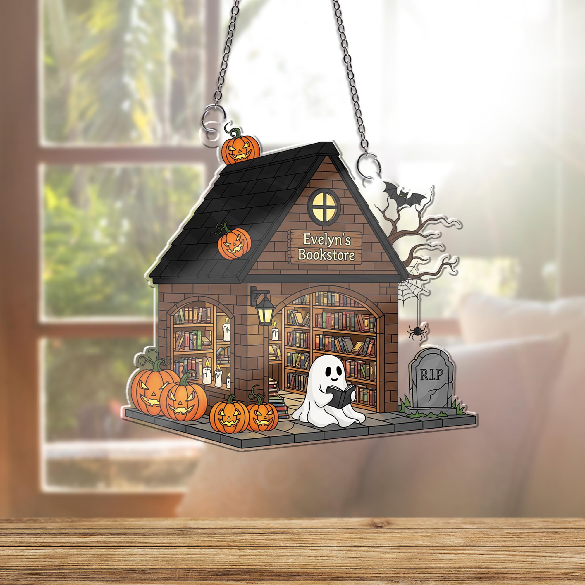 Custom Halloween Bookstore Window Hanging | Personalized Ghost Reading Decor | Faux Stained Glass Suncatcher | Spooky Book Lover Gift
