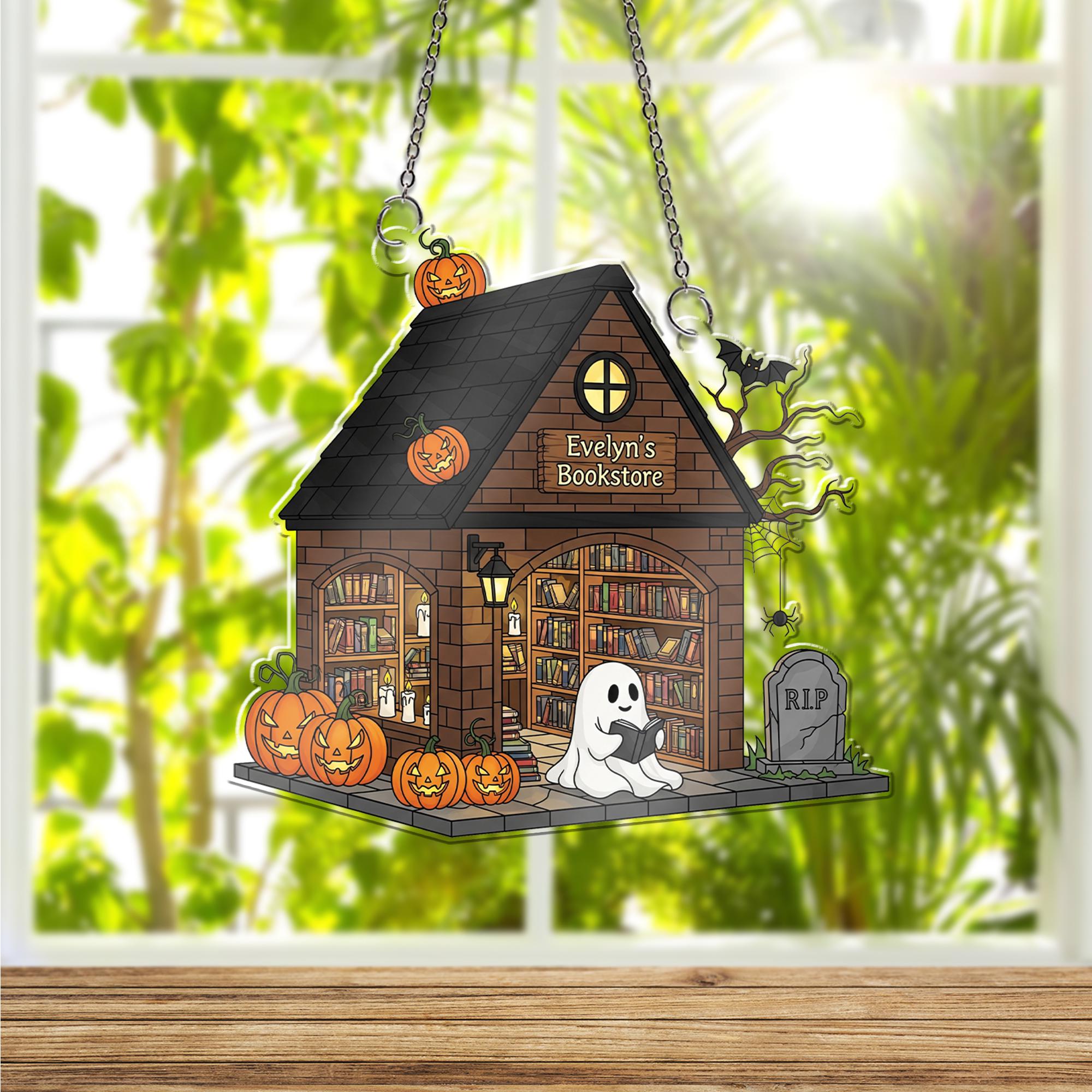 Custom Halloween Bookstore Window Hanging | Personalized Ghost Reading Decor | Faux Stained Glass Suncatcher | Spooky Book Lover Gift