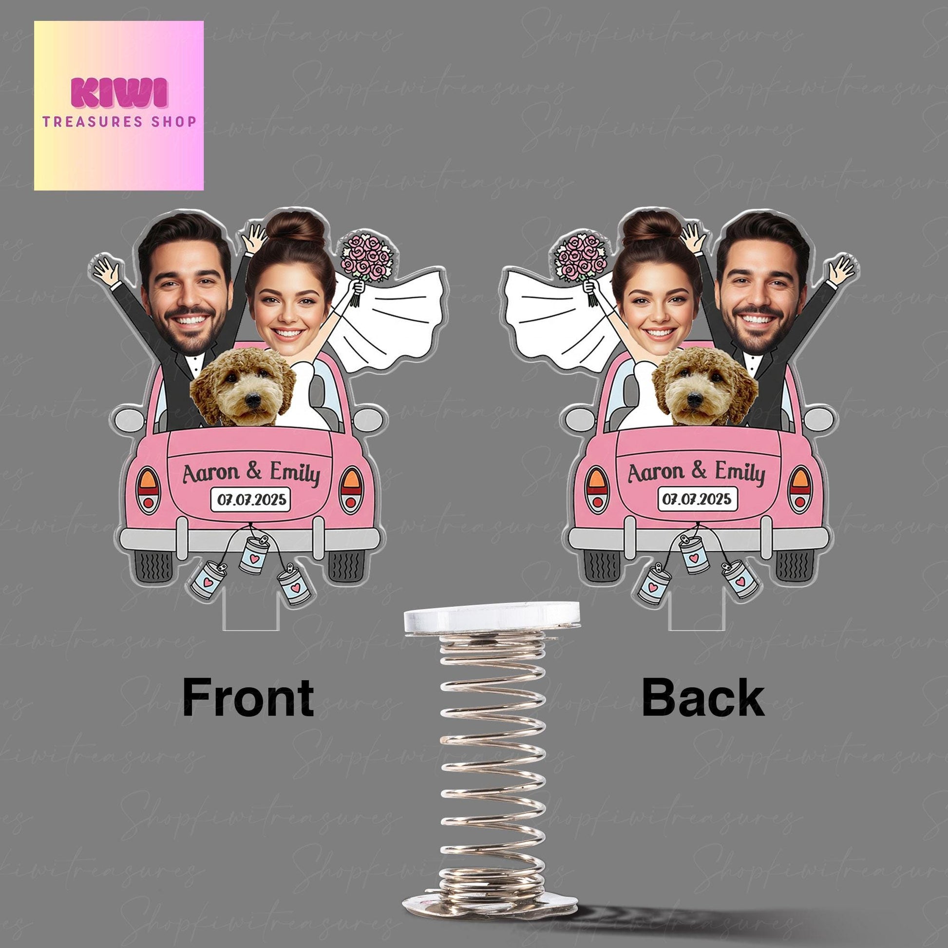Custom Wedding Car Photo Standee – Personalized Spring Acrylic Couple Figurine with Pet – Funny Just Married Cake Topper
